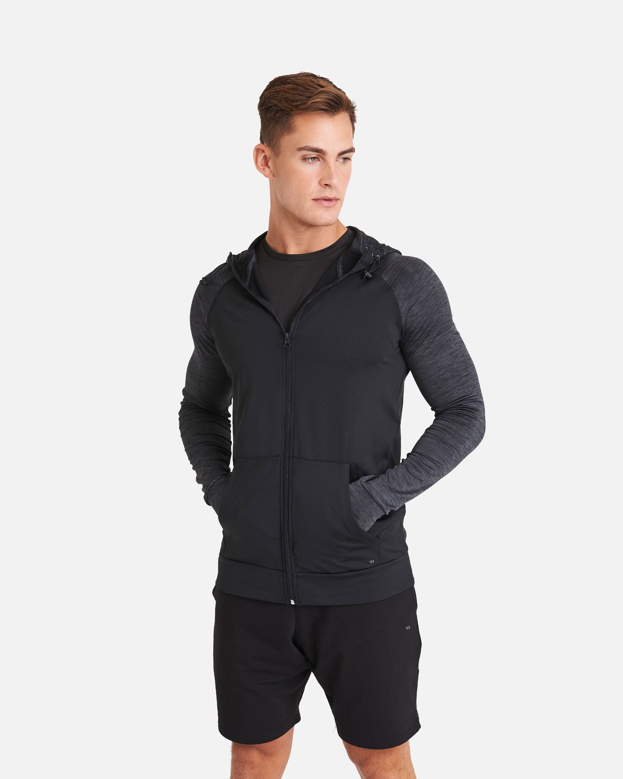 Herren Kontrast Zip Sport Langarmshirt Hoodie Black-Black Melange von VIVID