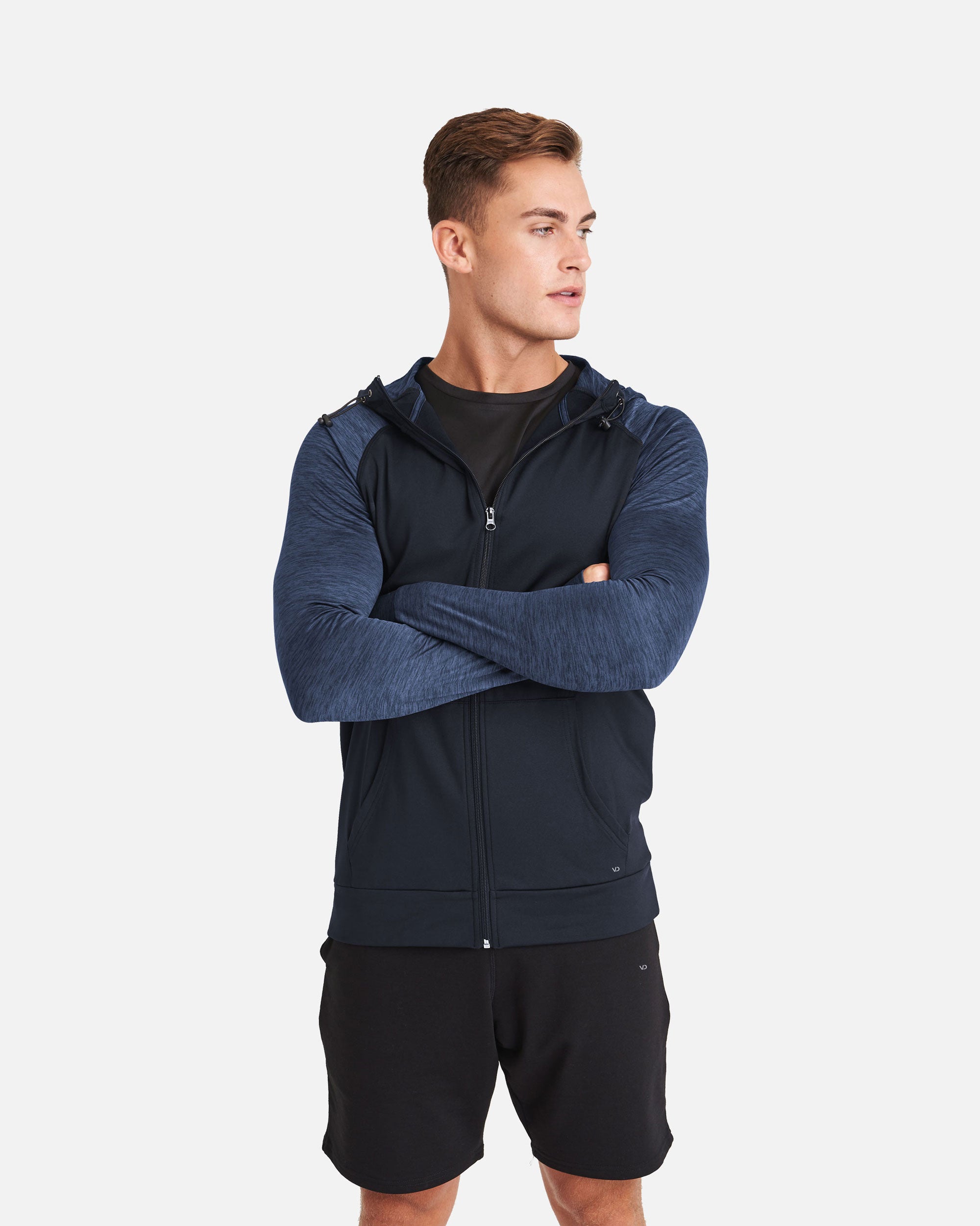 Herren Kontrast Zip Sport Langarmshirt Hoodie Navy-Navy Melange von VIVID