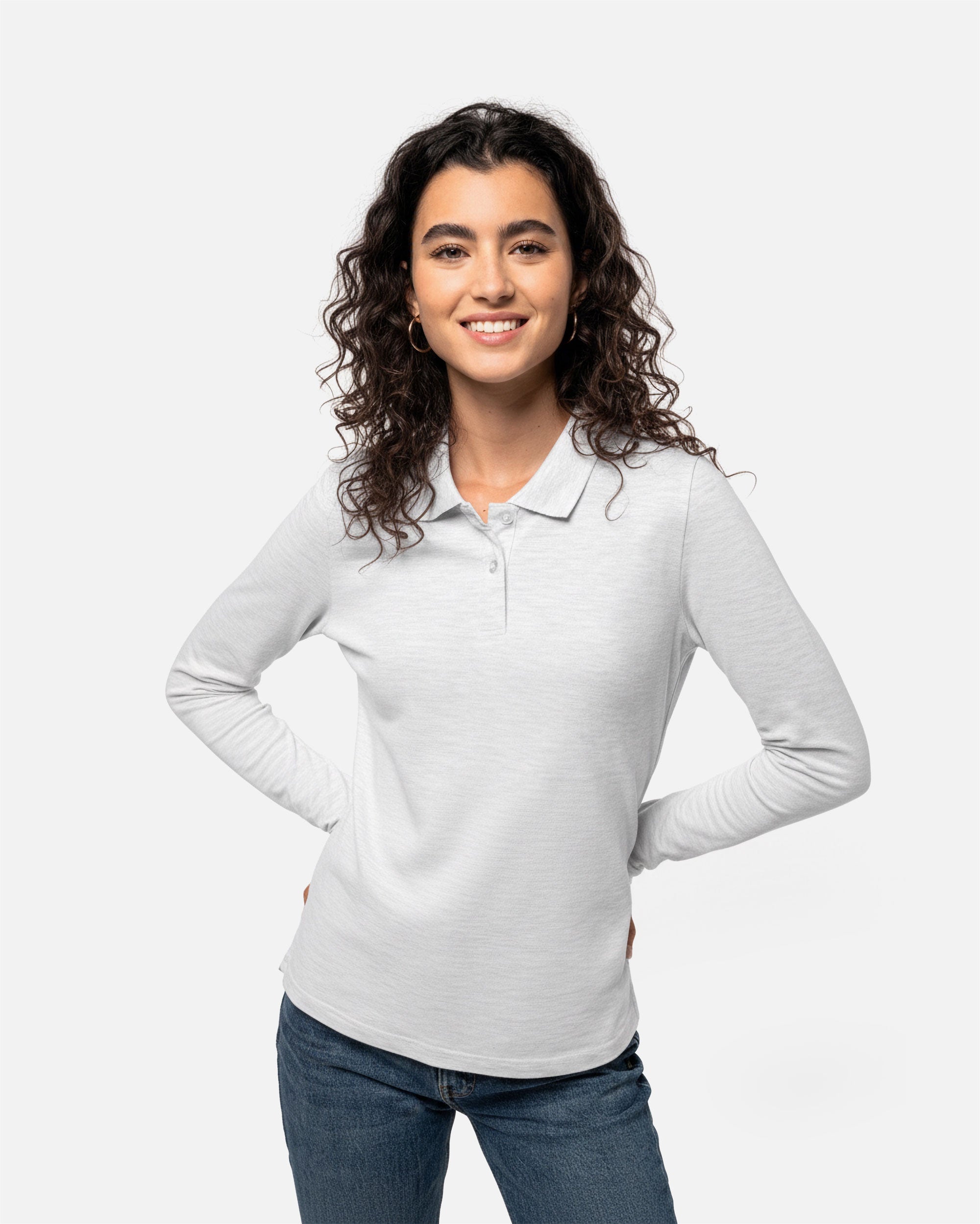 Schweres Damen Piqué Polo Langarmshirt Ash Heather von VIVID