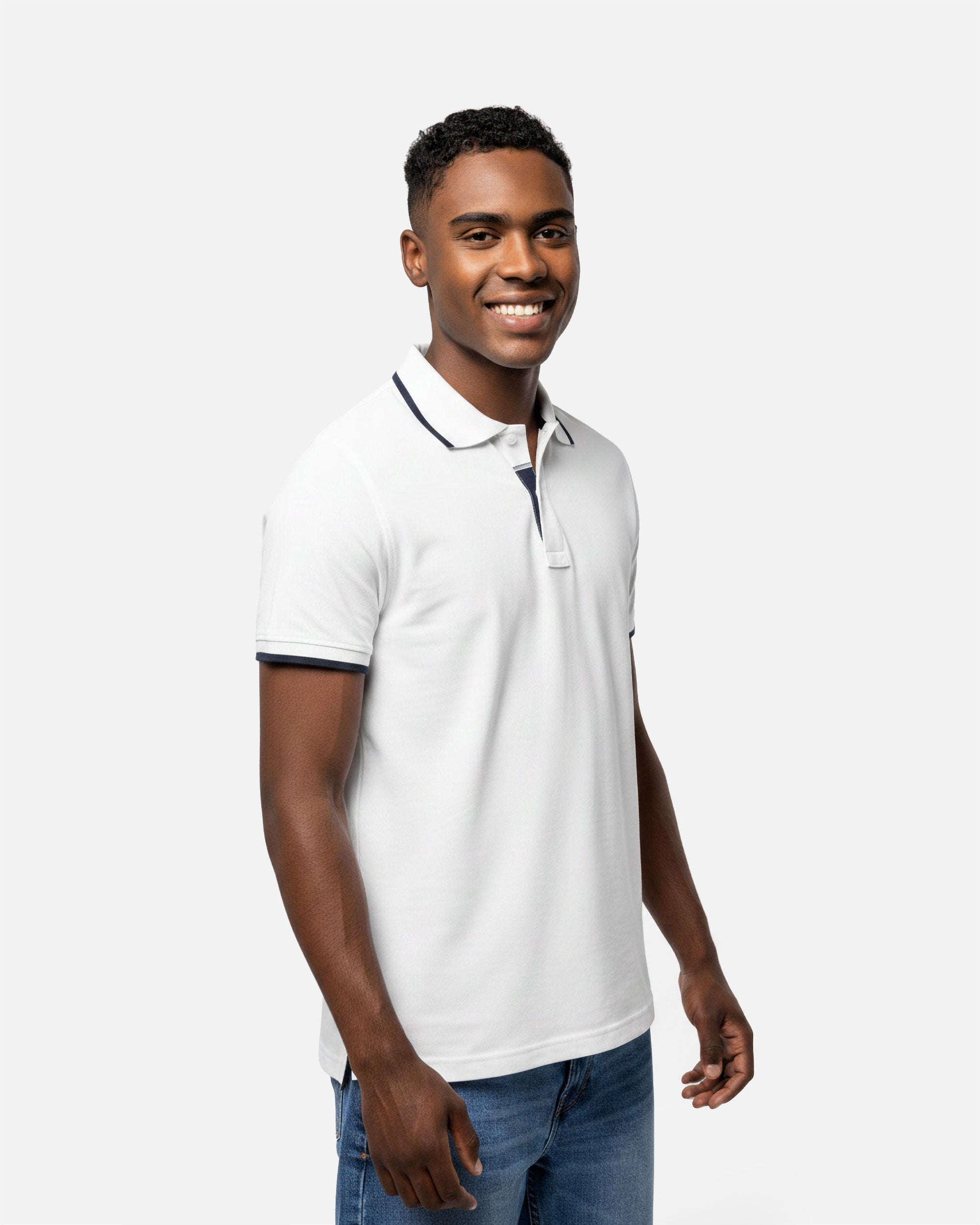 Schweres Herren Piqué Polo T-Shirt mit Kontrastfarben White-Navy Blue-White von VIVID