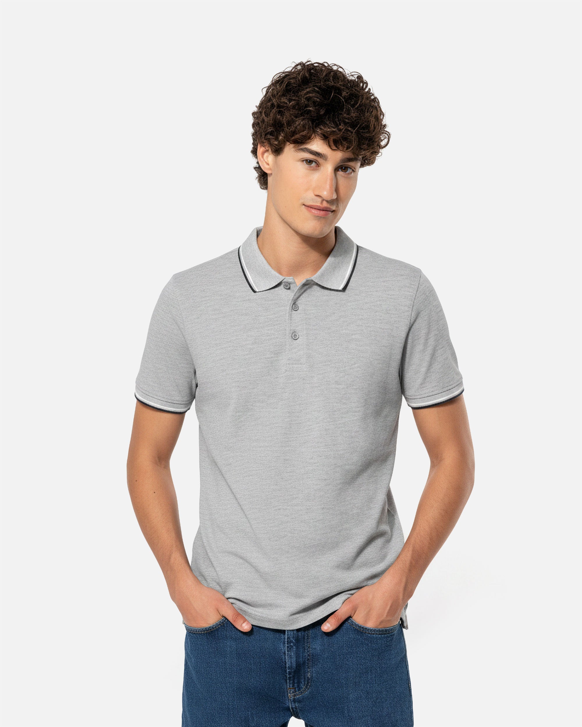 Schweres Herren Piqué Polo T-Shirt mit Kontrastfarben 2.0 Heather Grey-Navy Blue-White von VIVID