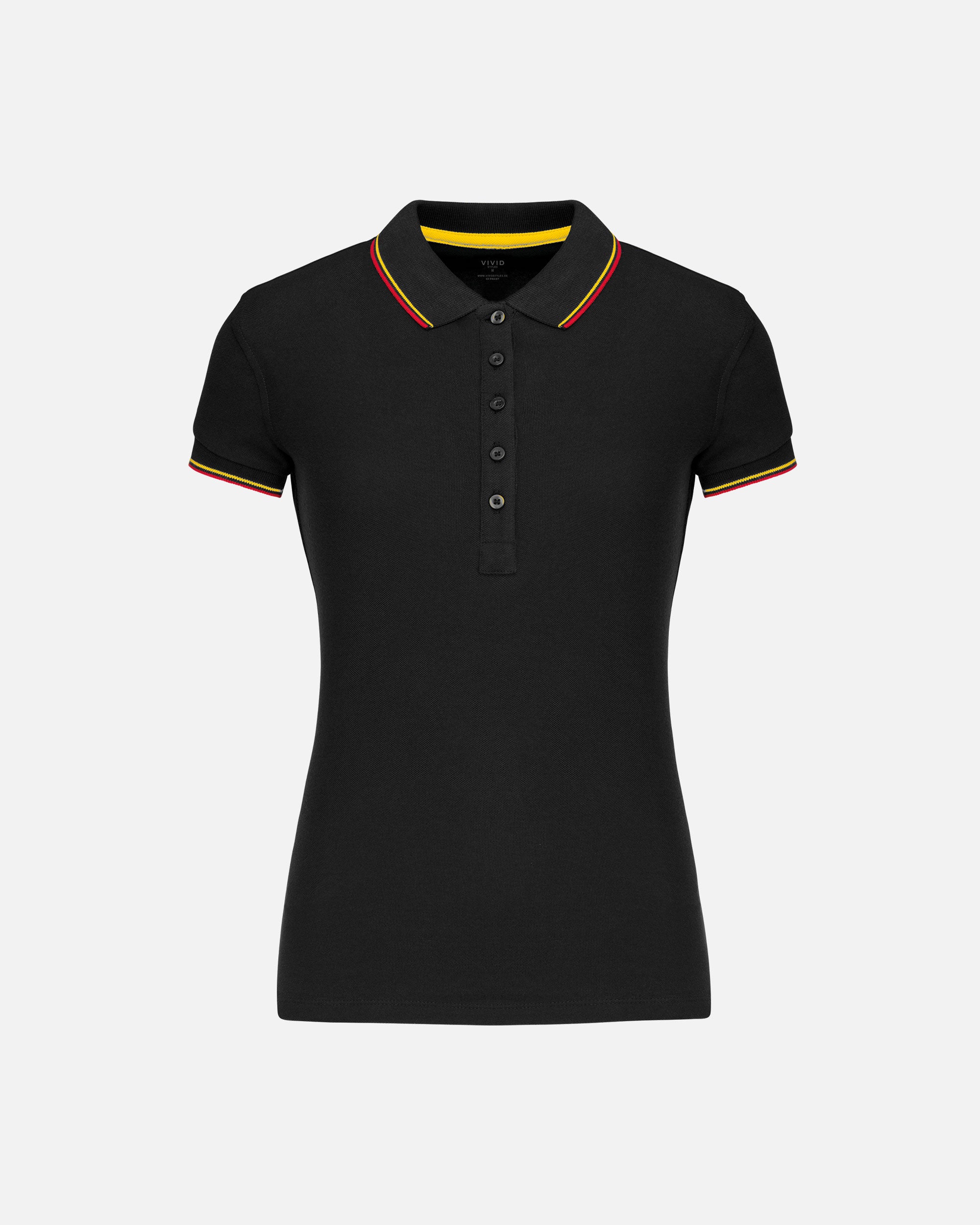 Schweres Damen Piqué Polo T-Shirt mit Kontrastfarben Black-Red-Yellow von VIVID