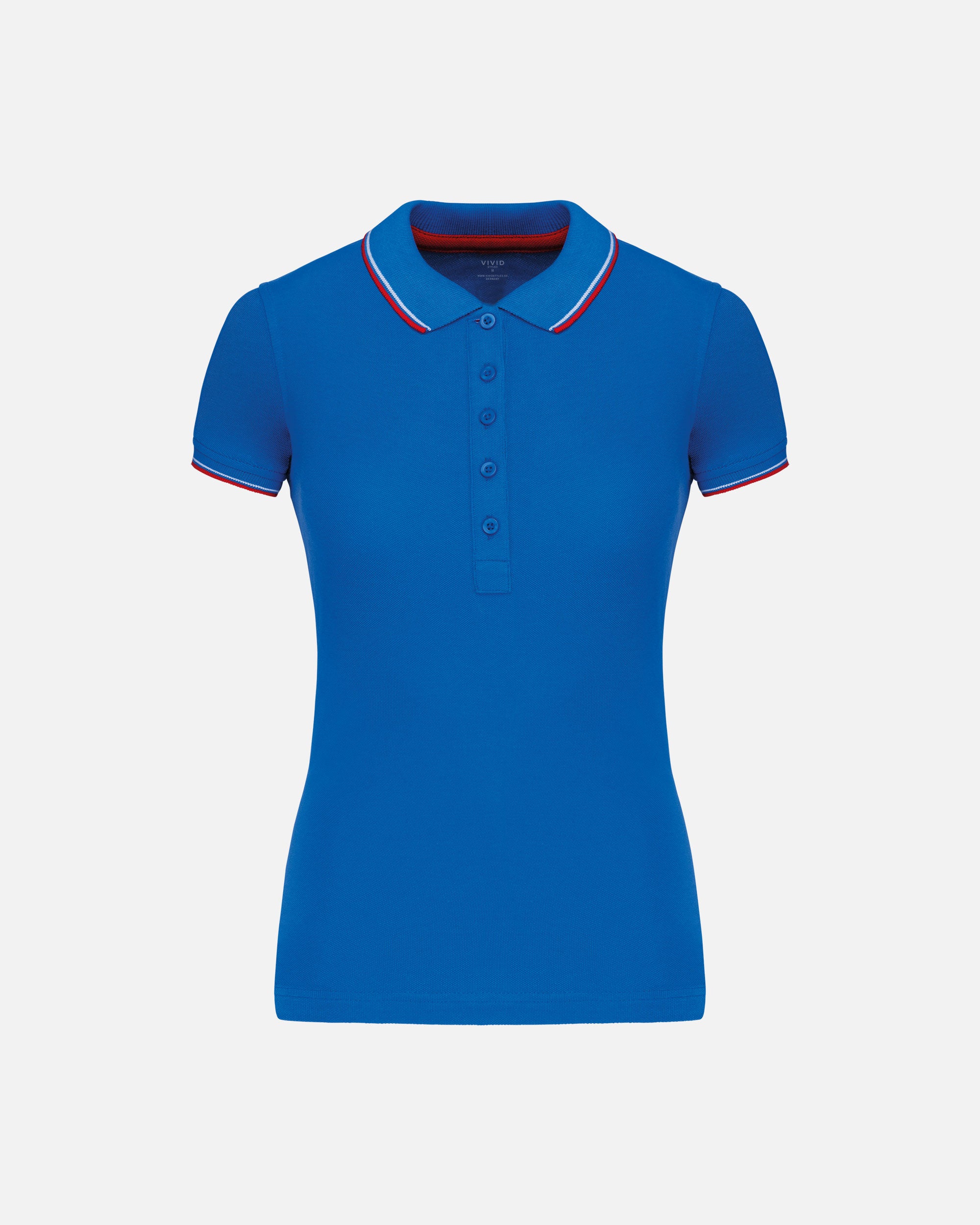 Schweres Damen Piqué Polo T-Shirt mit Kontrastfarben Light Royal Blue-Red-White von VIVID