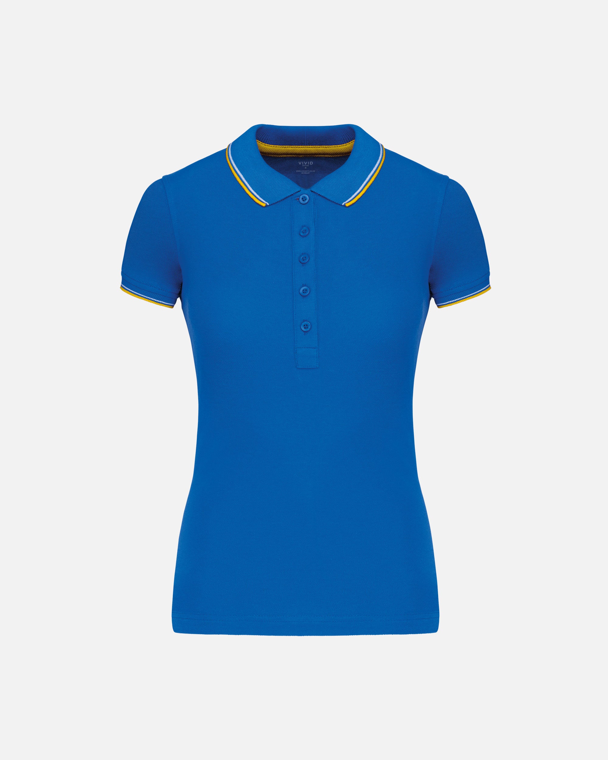 Schweres Damen Piqué Polo T-Shirt mit Kontrastfarben Light Royal Blue-Yellow-White von VIVID
