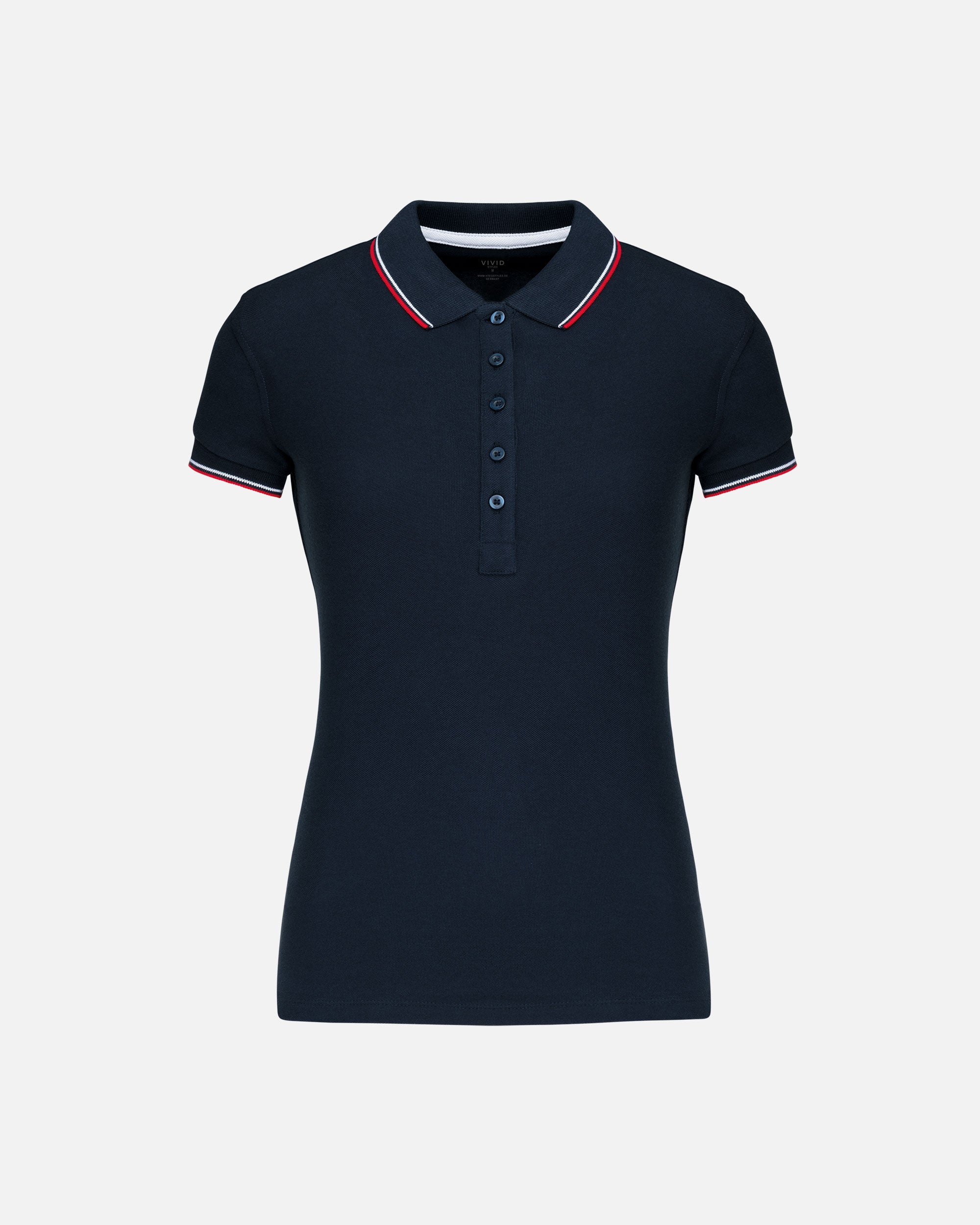 Schweres Damen Piqué Polo T-Shirt mit Kontrastfarben Navy Blue-Red-White von VIVID