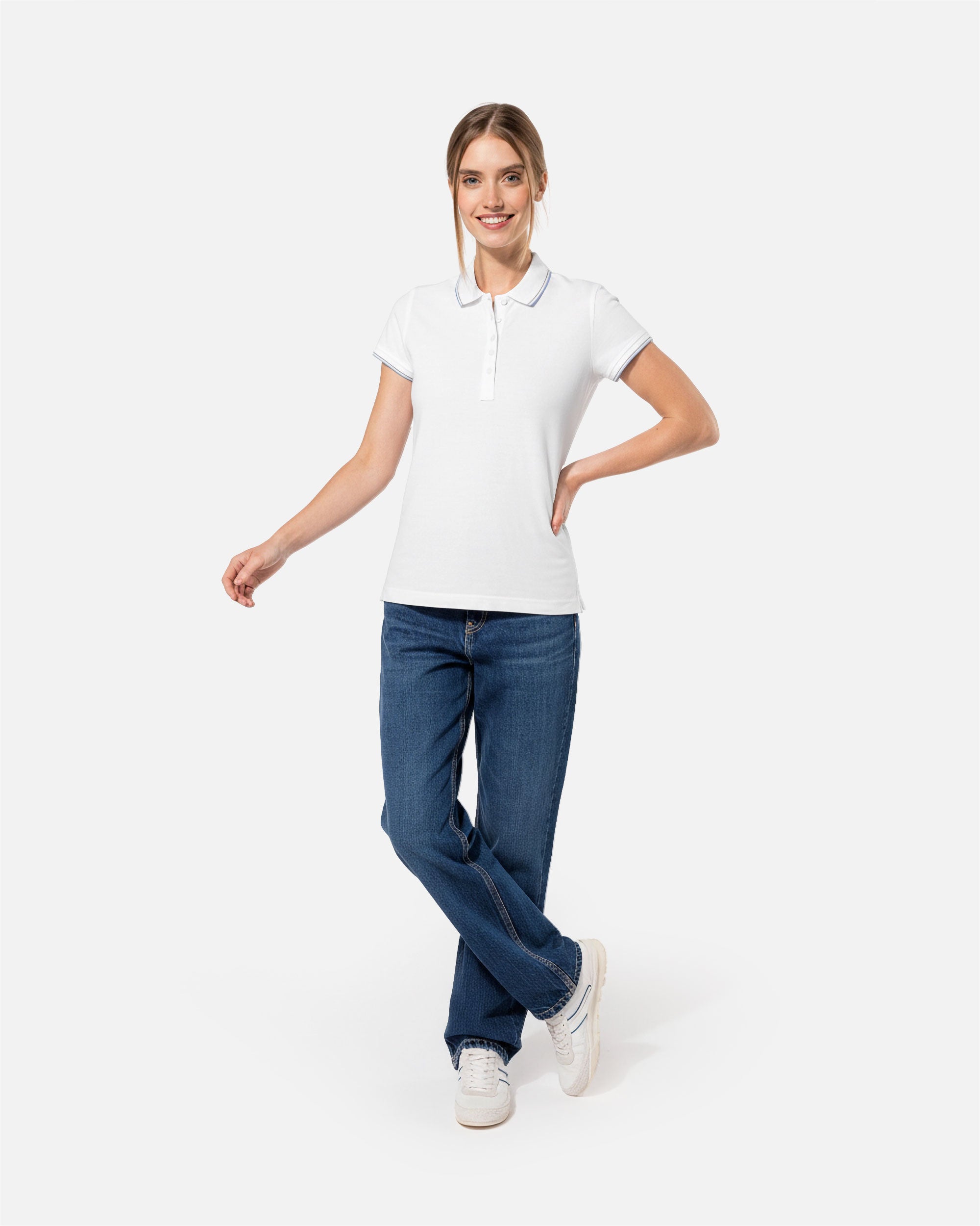 Schweres Damen Piqué Polo T-Shirt mit Kontrastfarben White-Sky Blue-Grey von VIVID