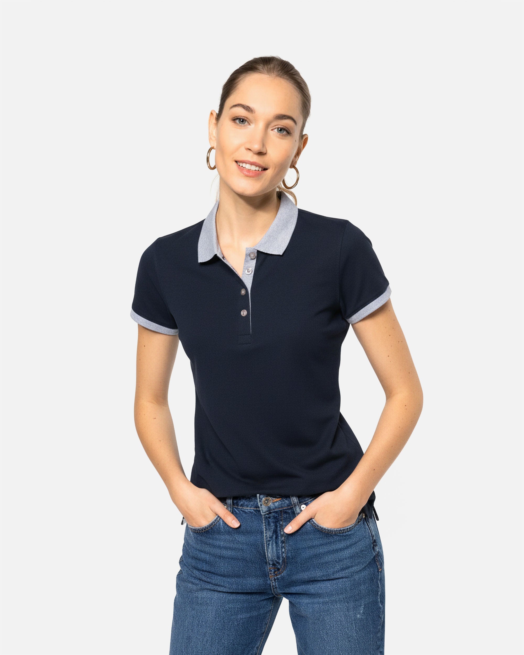 Zweifarbiges Damen Piqué Polo T-Shirt Navy Blue-Grey von VIVID