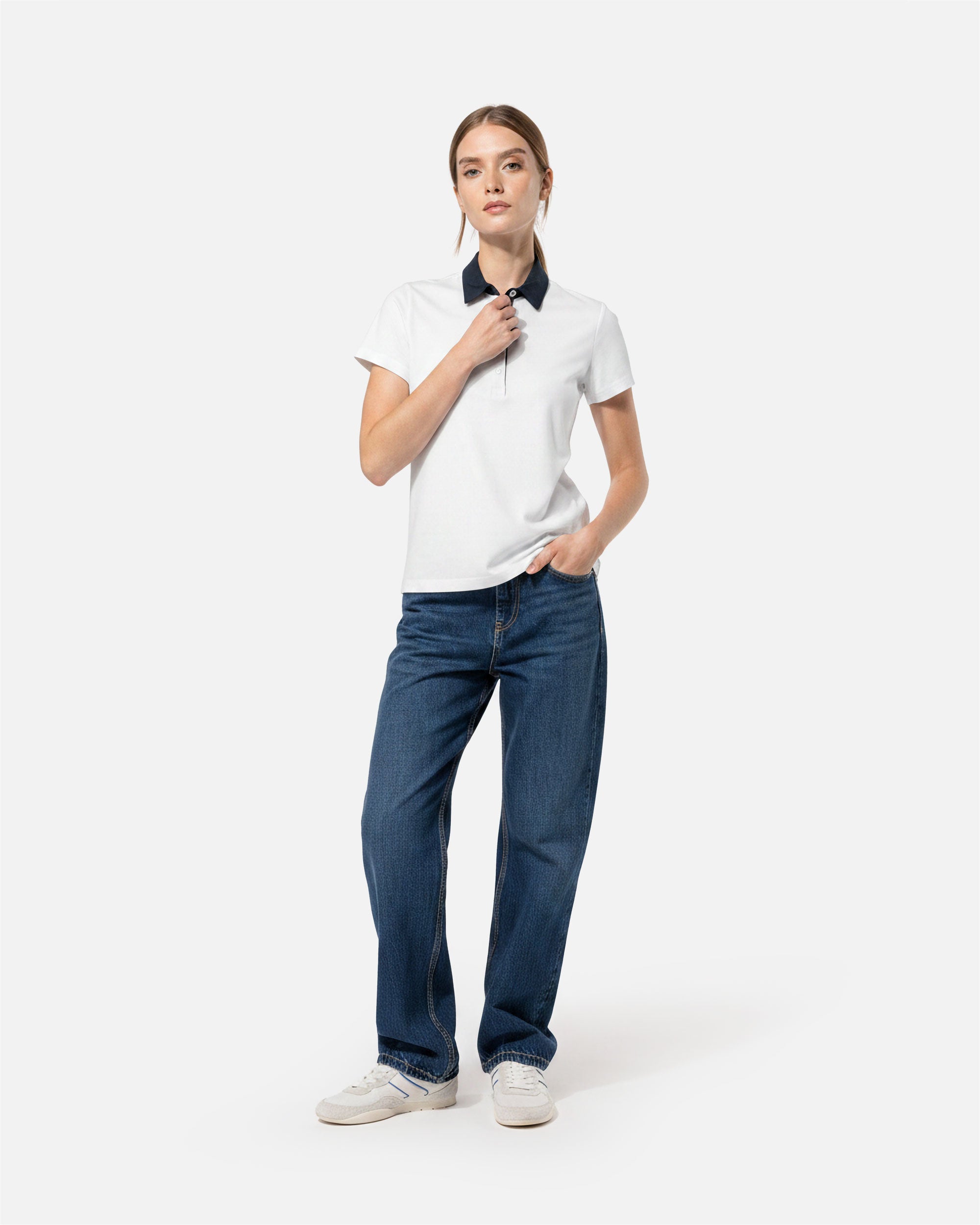 Zweifarbiges Damen Jersey Polo T-Shirt