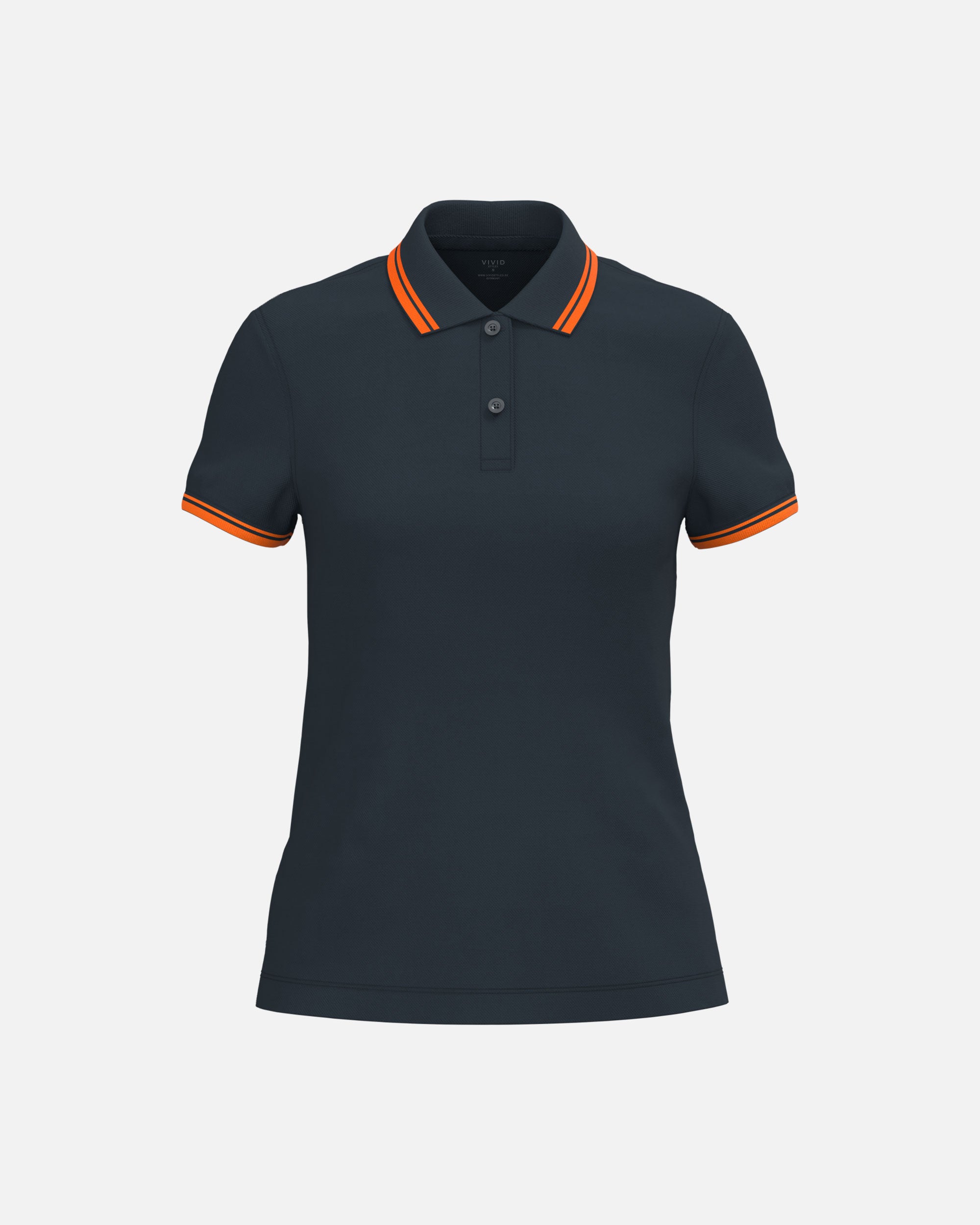 Klassisches Damen Piqué Polo T-Shirt mit Kontrastfarben Navy Blue-Orange von VIVID