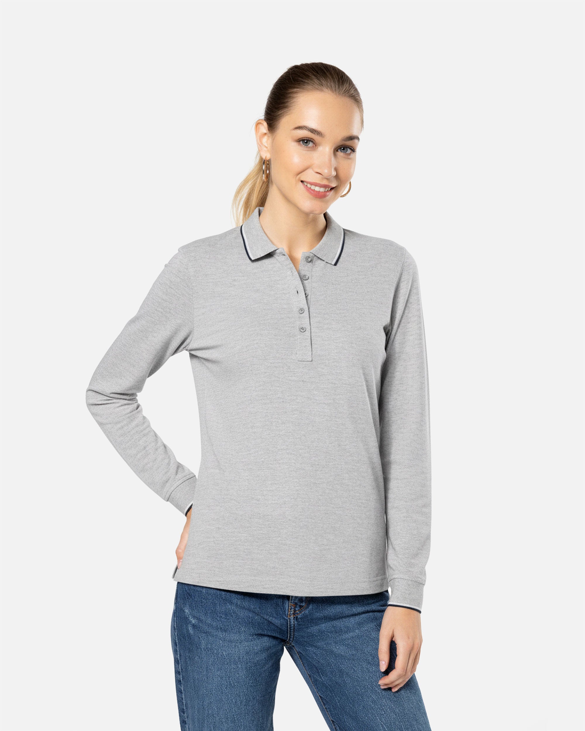 Schweres Damen Piqué Polo Langarmshirt 2.0 Heather Grey-Navy Blue-White von VIVID