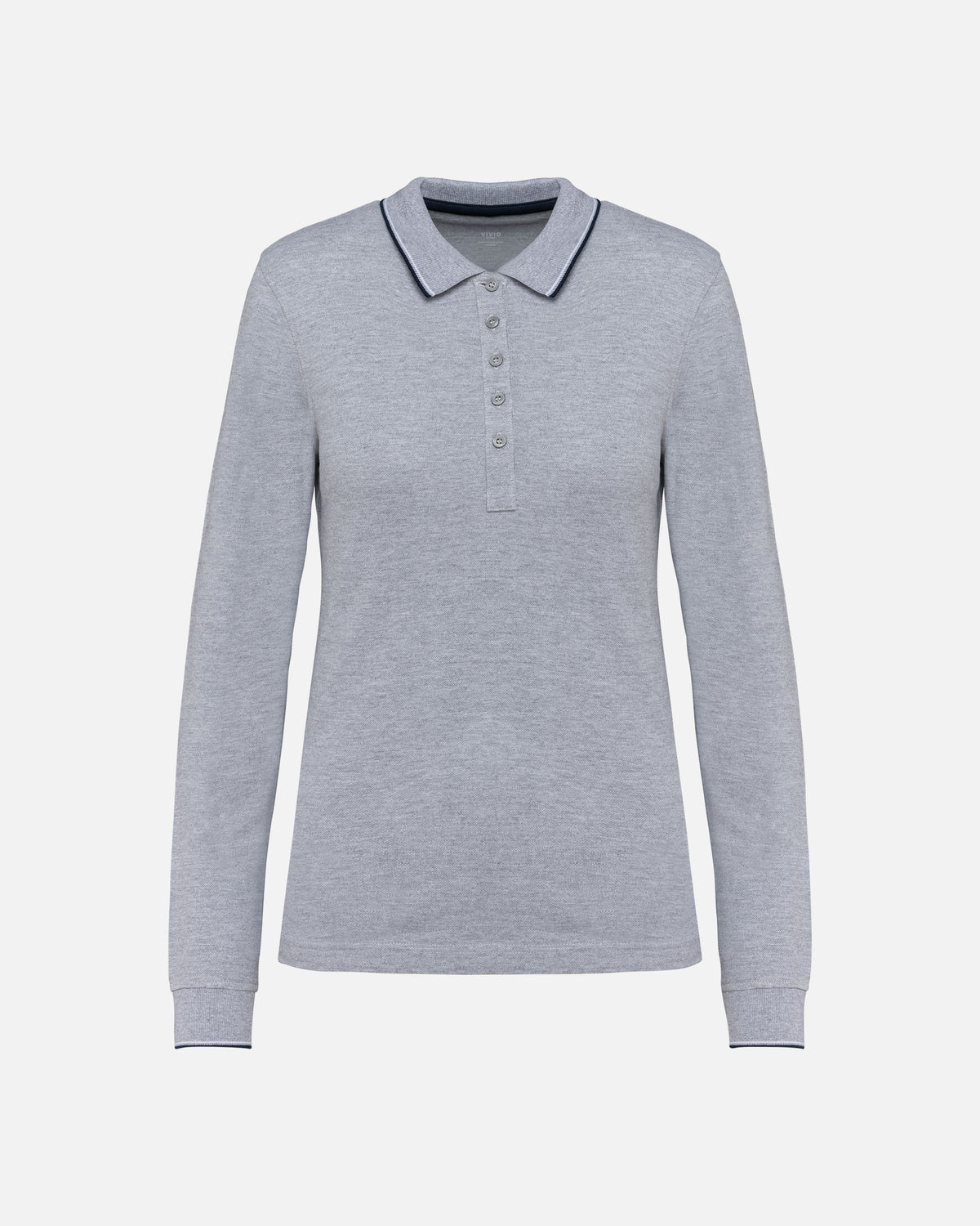 Schweres Damen Piqué Polo Langarmshirt 2.0 Heather Grey-Navy Blue-White von VIVID