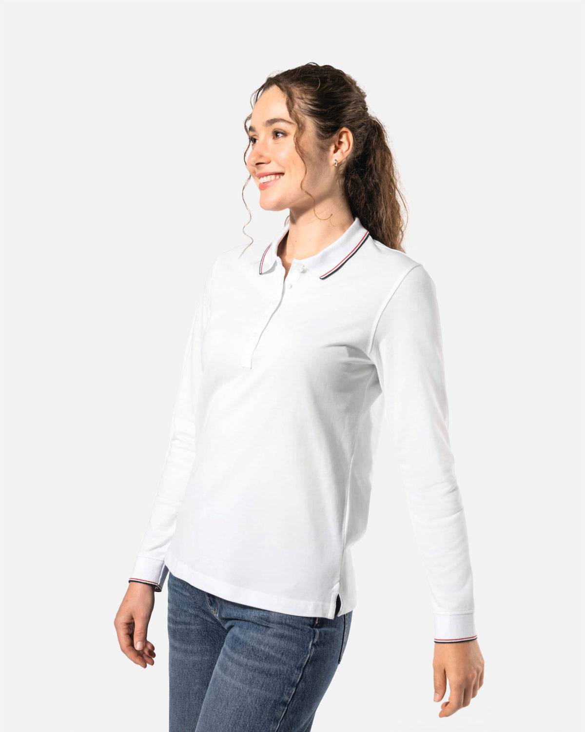 Schweres Damen Piqué Polo Langarmshirt 2.0 White-Navy Blue-Red von VIVID