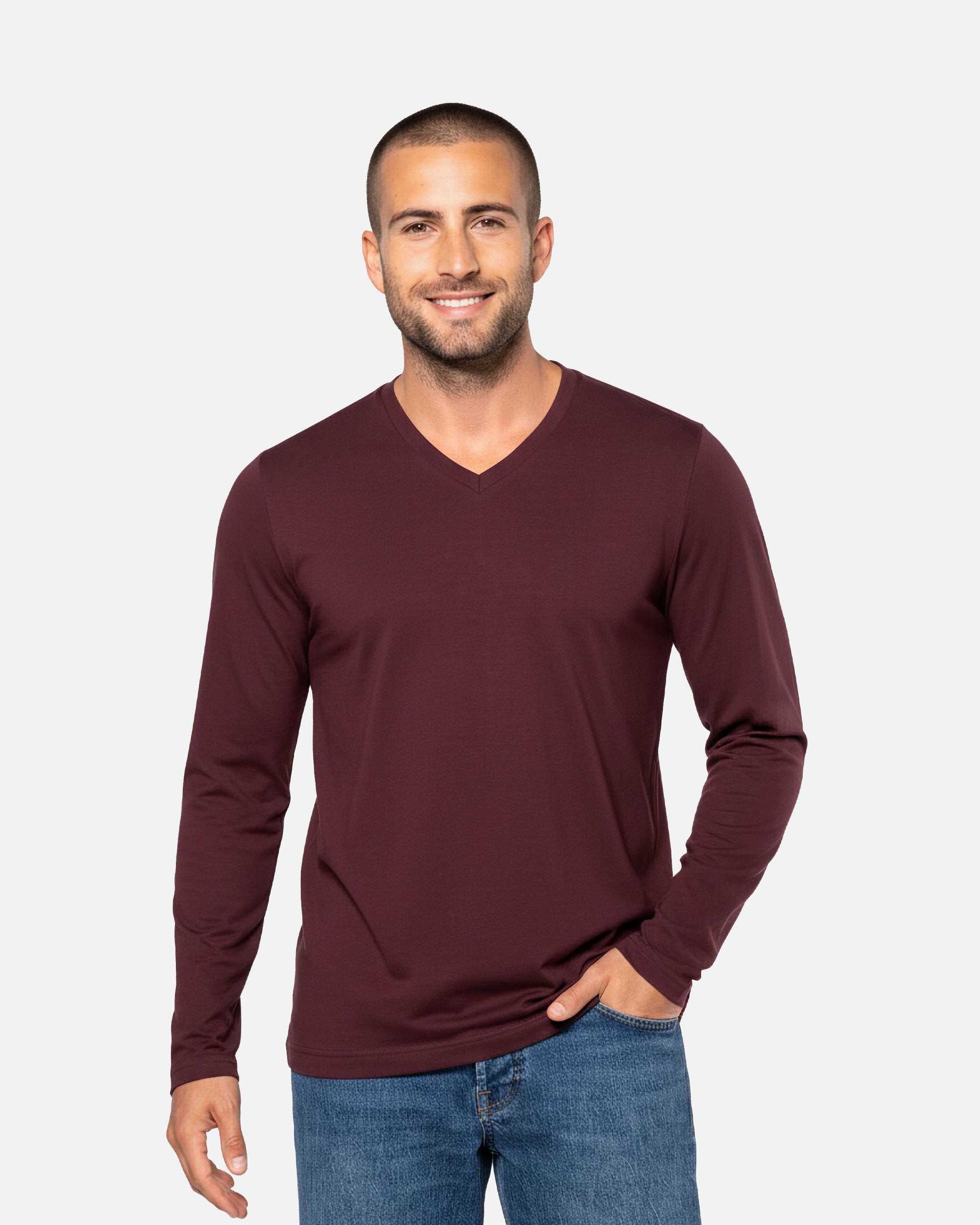 Klassisches Herren Langarmshirt mit V-Ausschnitt Burgundy von VIVID