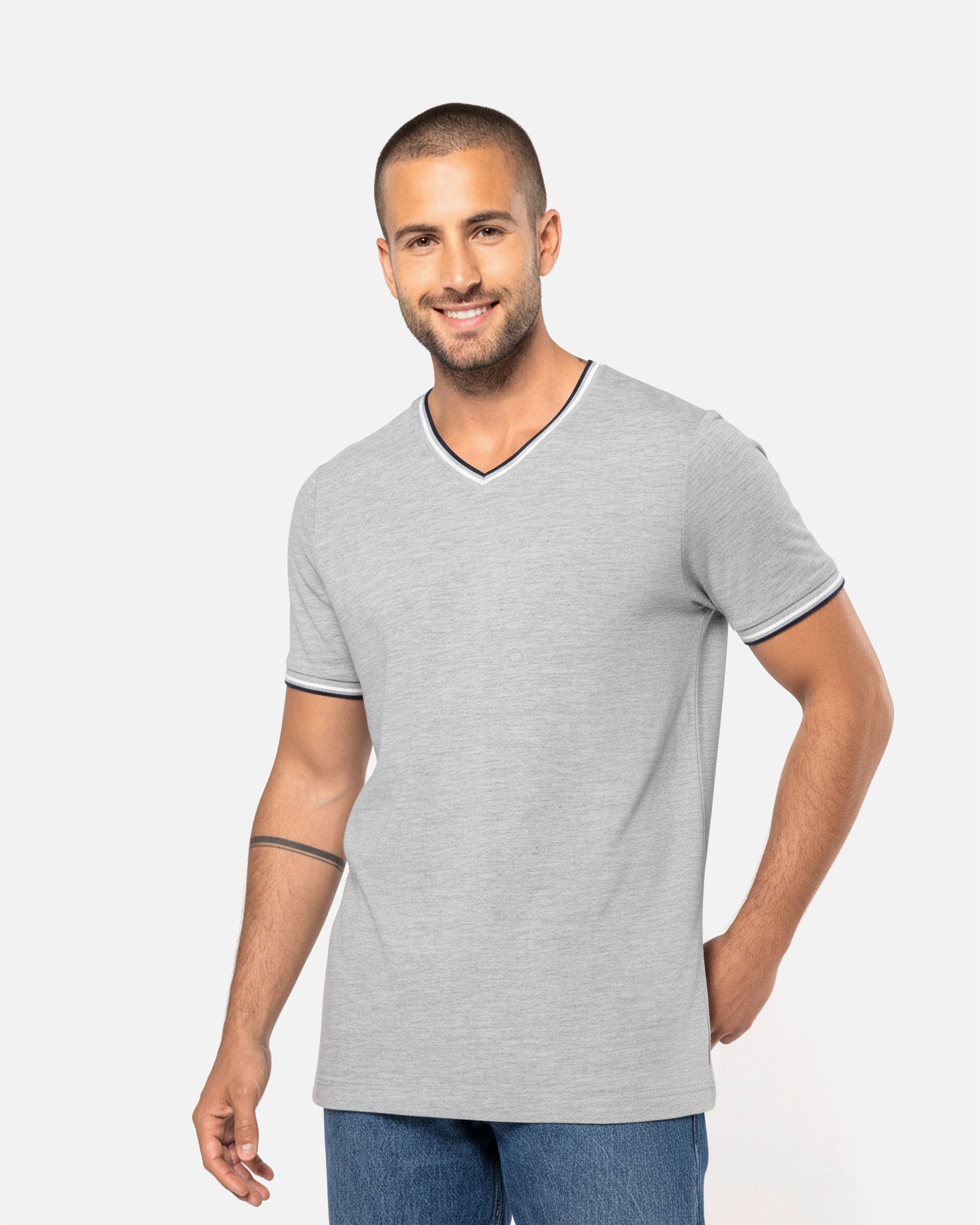 Herren Piqué T-Shirt mit V-Ausschnitt Heather Grey-Navy Blue-White von VIVID