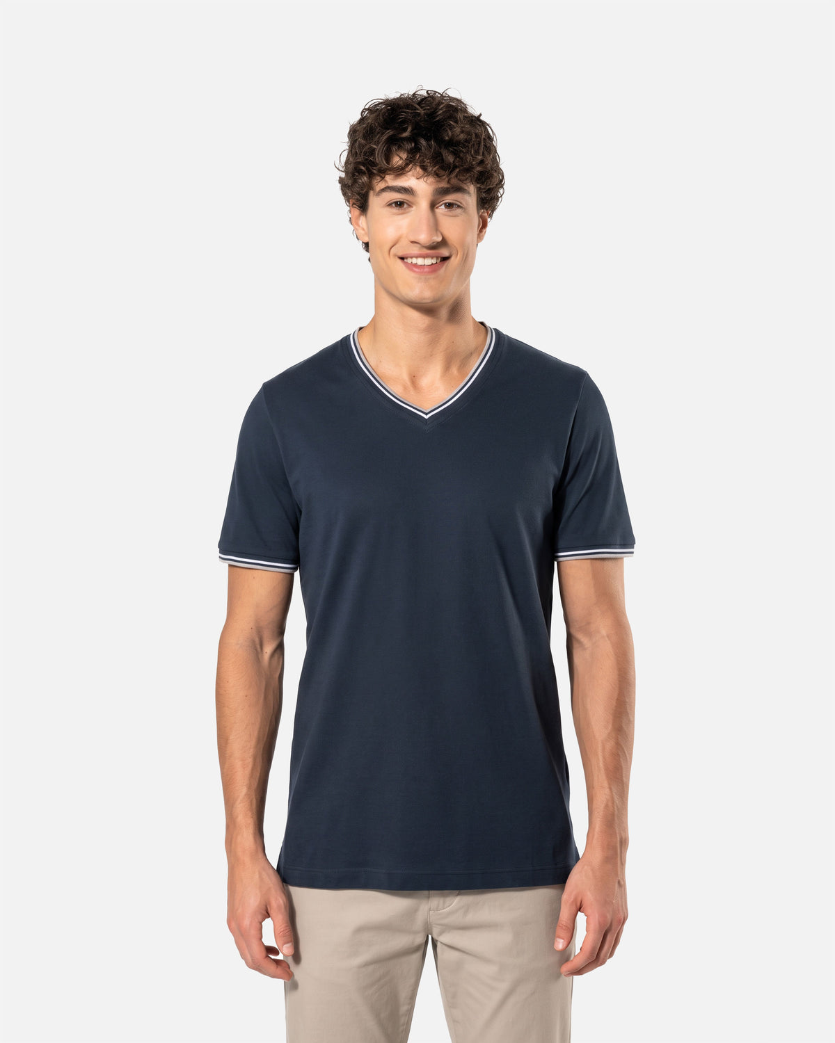 Herren Piqué T-Shirt mit V-Ausschnitt Navy Blue-Light Grey-White von VIVID