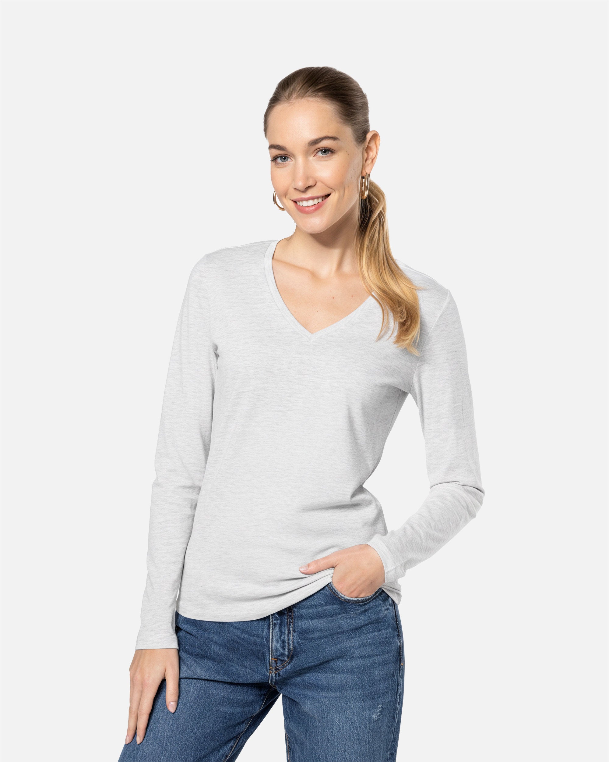 Klassisches Damen Langarmshirt mit V-Ausschnitt Ash Heather von VIVID