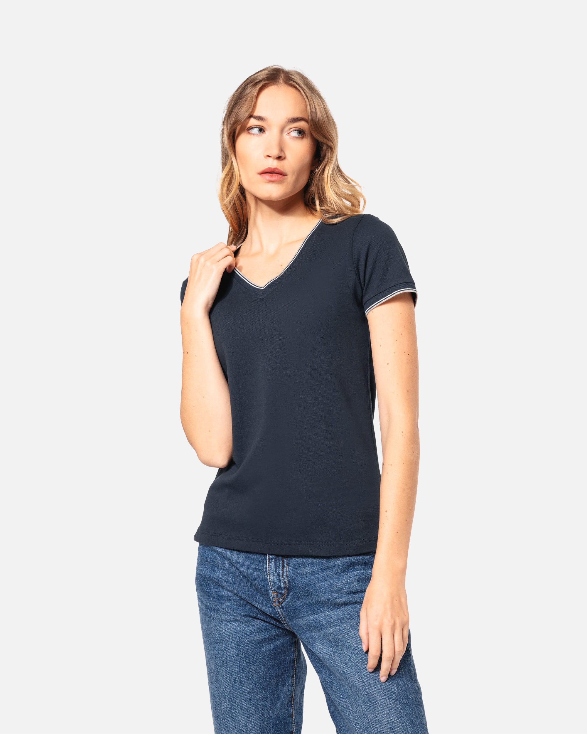 Damen Piqué T-Shirt mit V-Ausschnitt