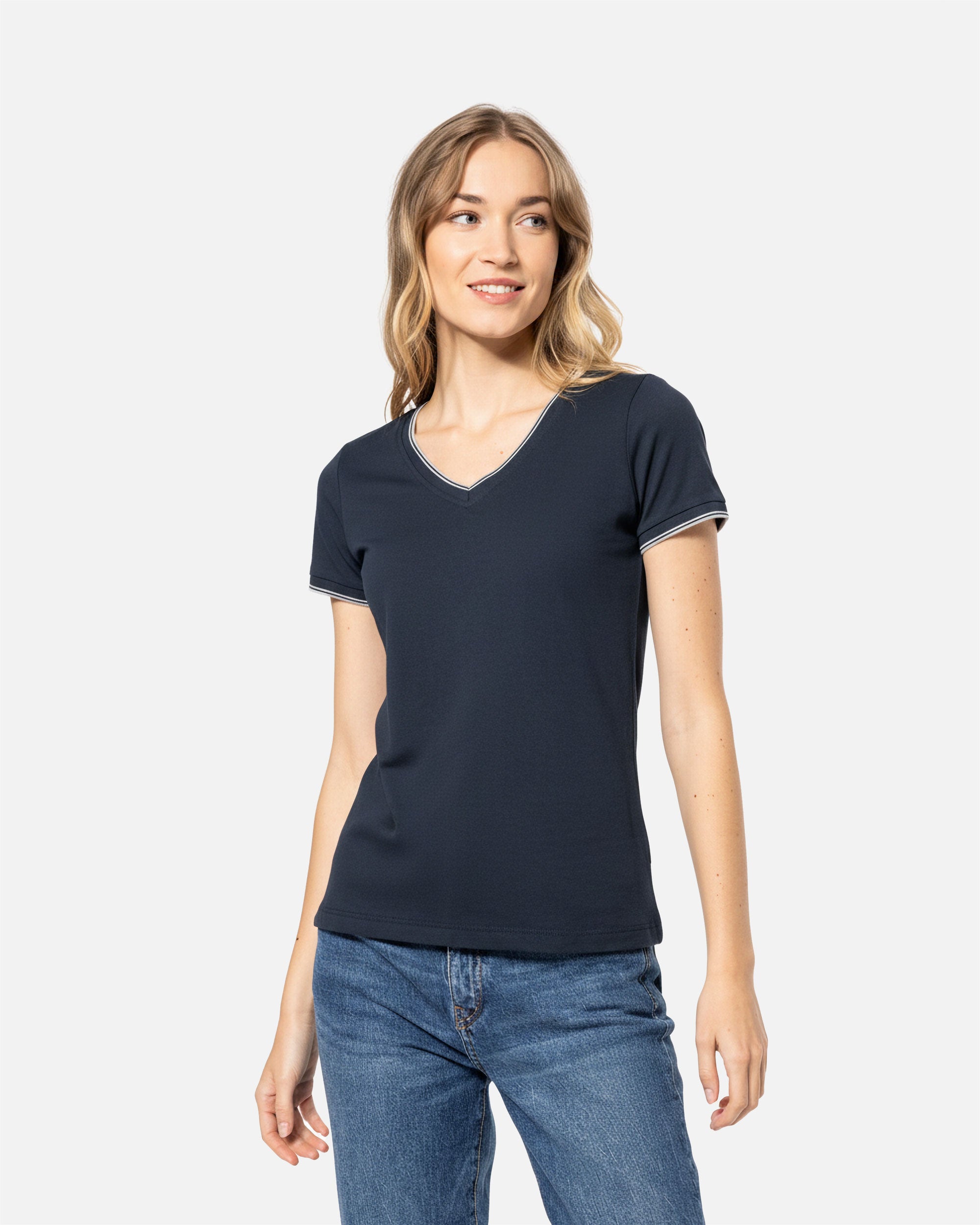 Damen Piqué T-Shirt mit V-Ausschnitt Navy Blue-Light Grey-White von VIVID