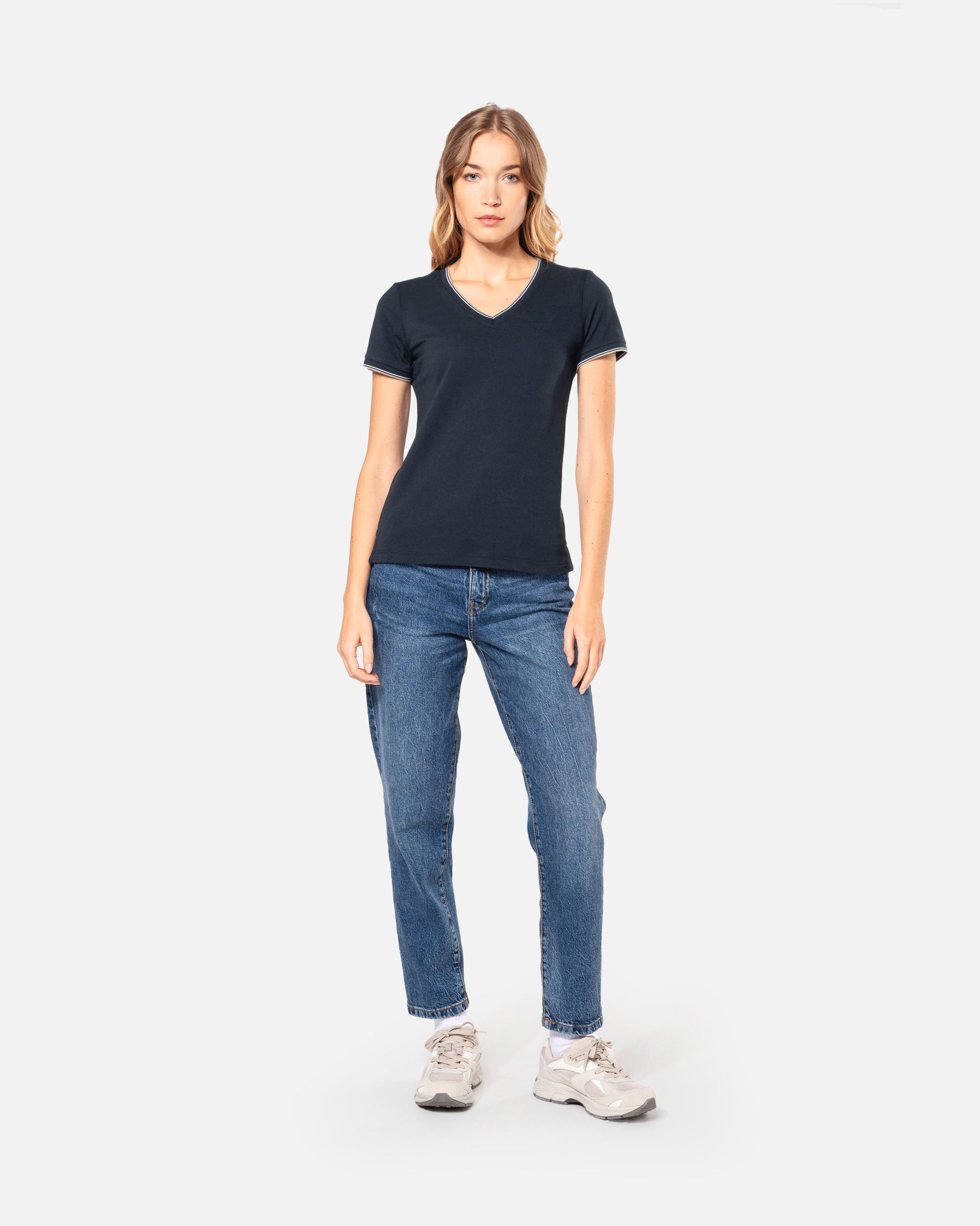 Damen Piqué T-Shirt mit V-Ausschnitt
