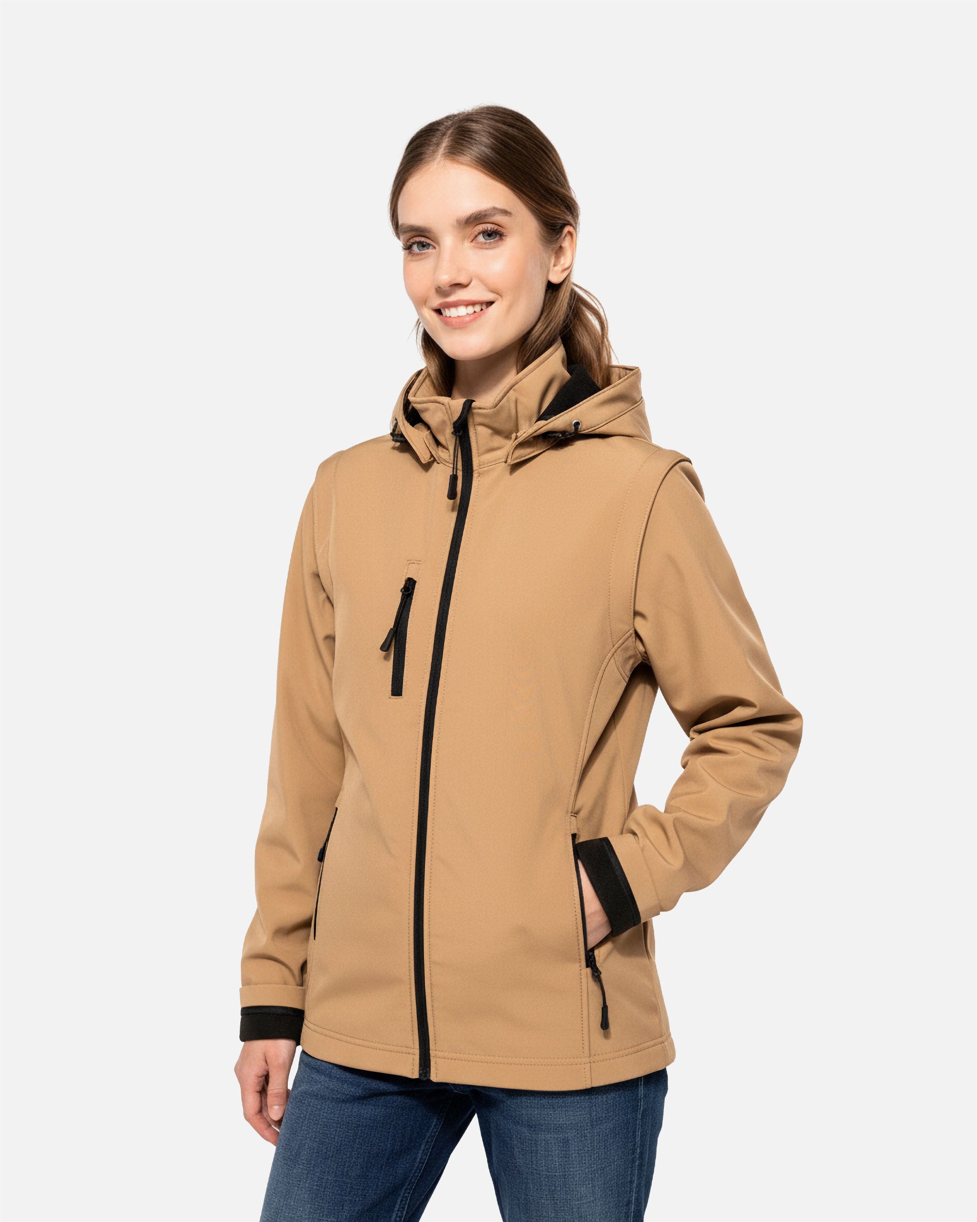 Unisex Softshell Jacke mit abnehmbarer Kapuze und Ärmeln Camel von VIVID