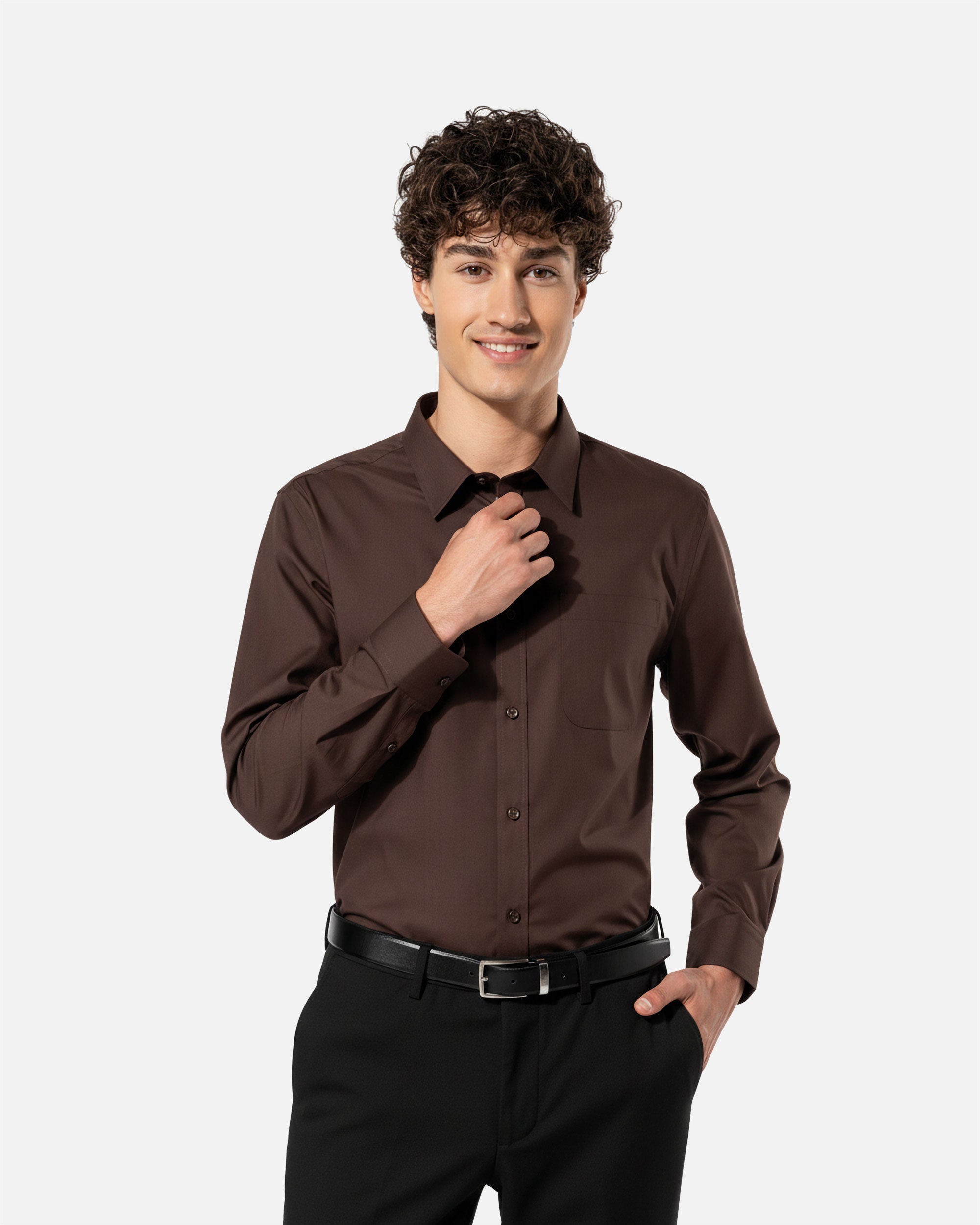 Herren Popeline Langarmhemd Chocolate Brown von VIVID