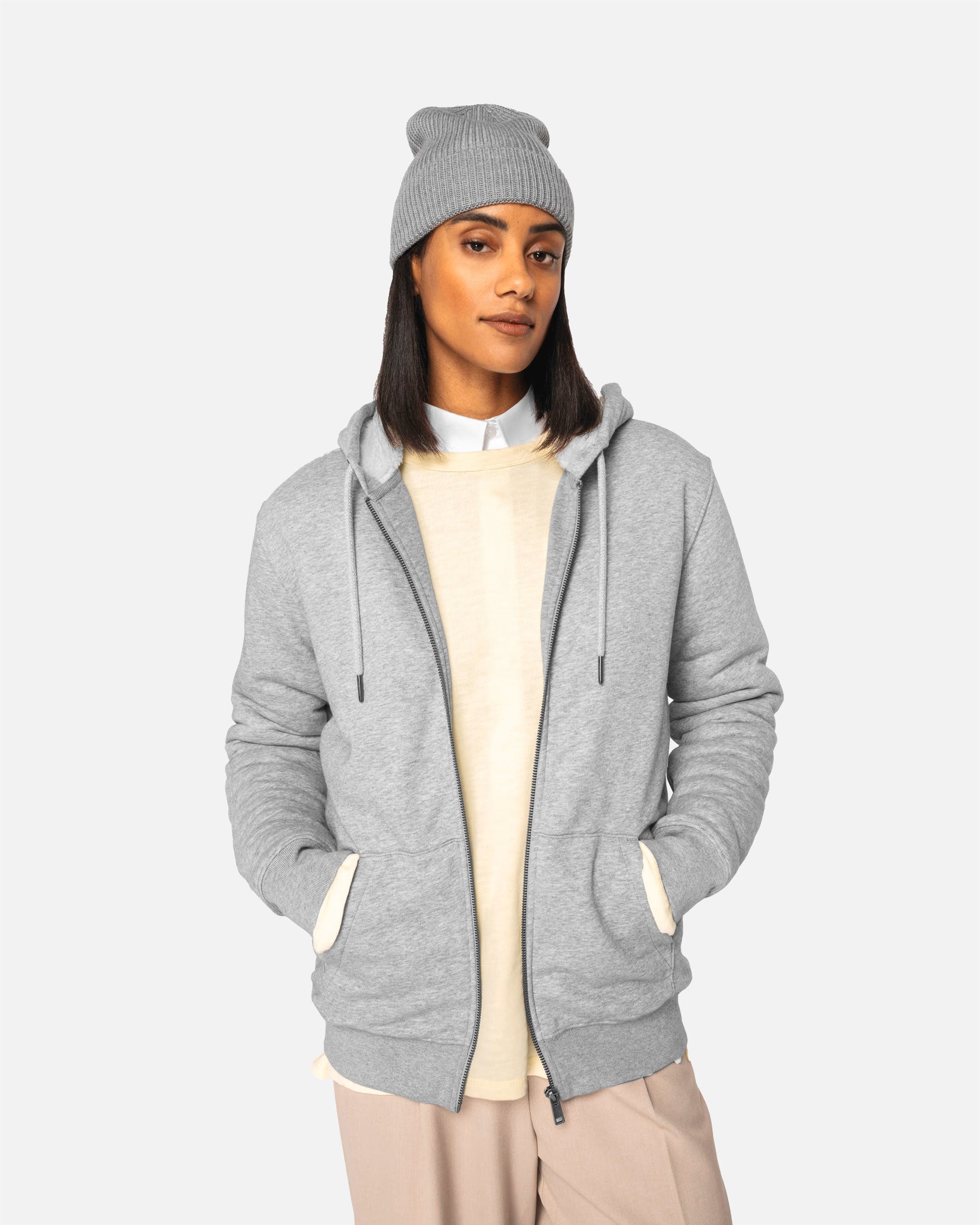 Schweres Unisex Zip Sweatshirt mit Sherpafutter Grey Heather von VIVID
