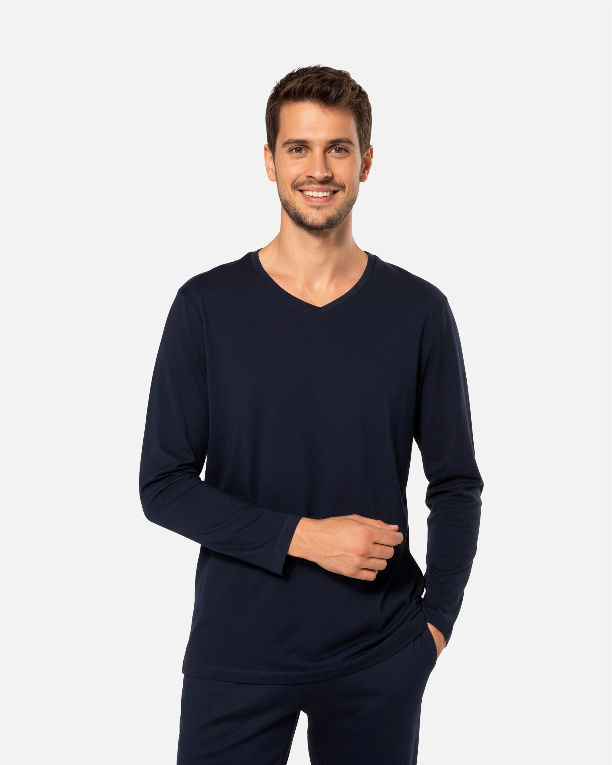 Herren Supima Langarmshirt mit V-Ausschnitt Navy Blue von VIVID
