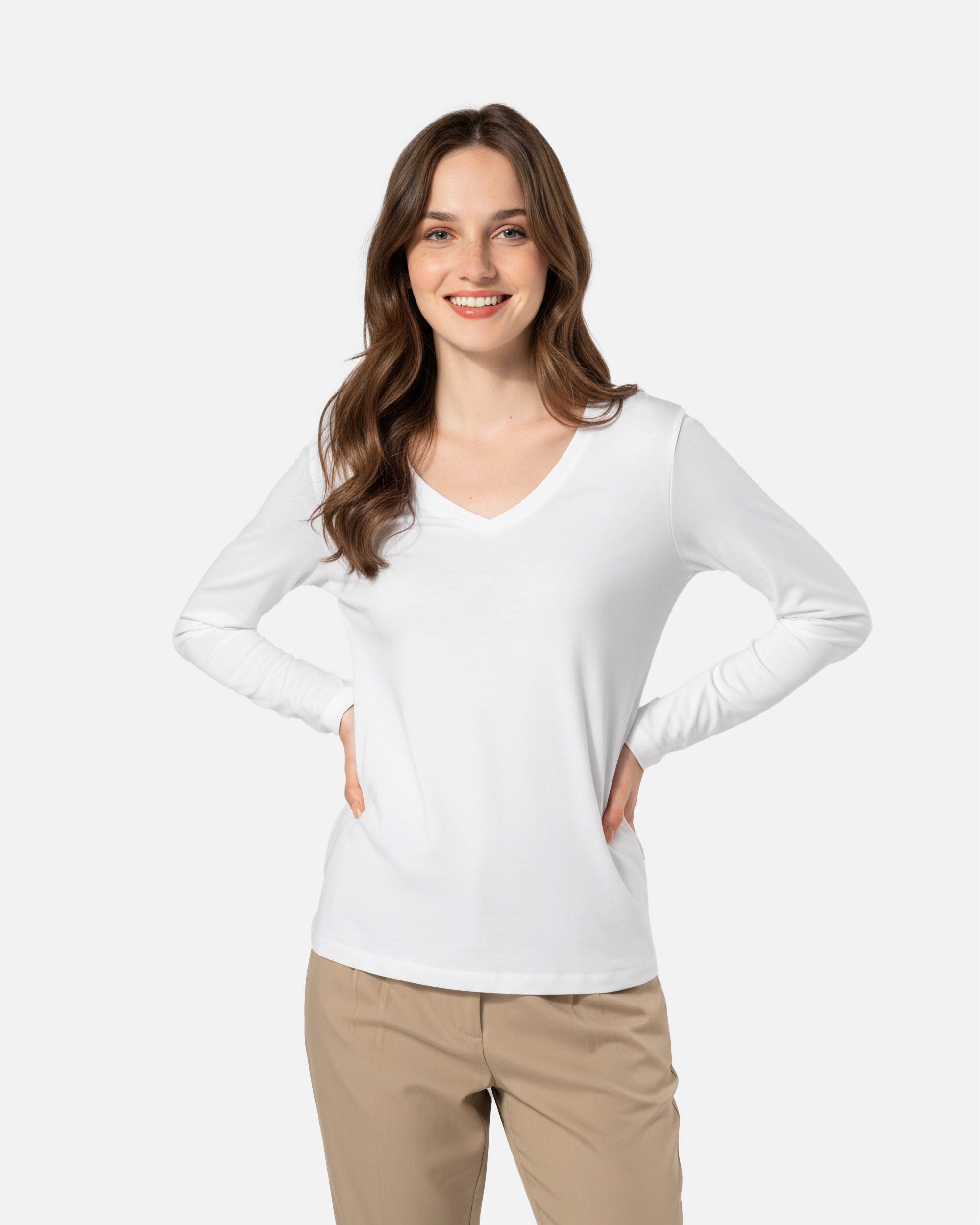 Damen Supima Langarmshirt mit V-Ausschnitt White von VIVID