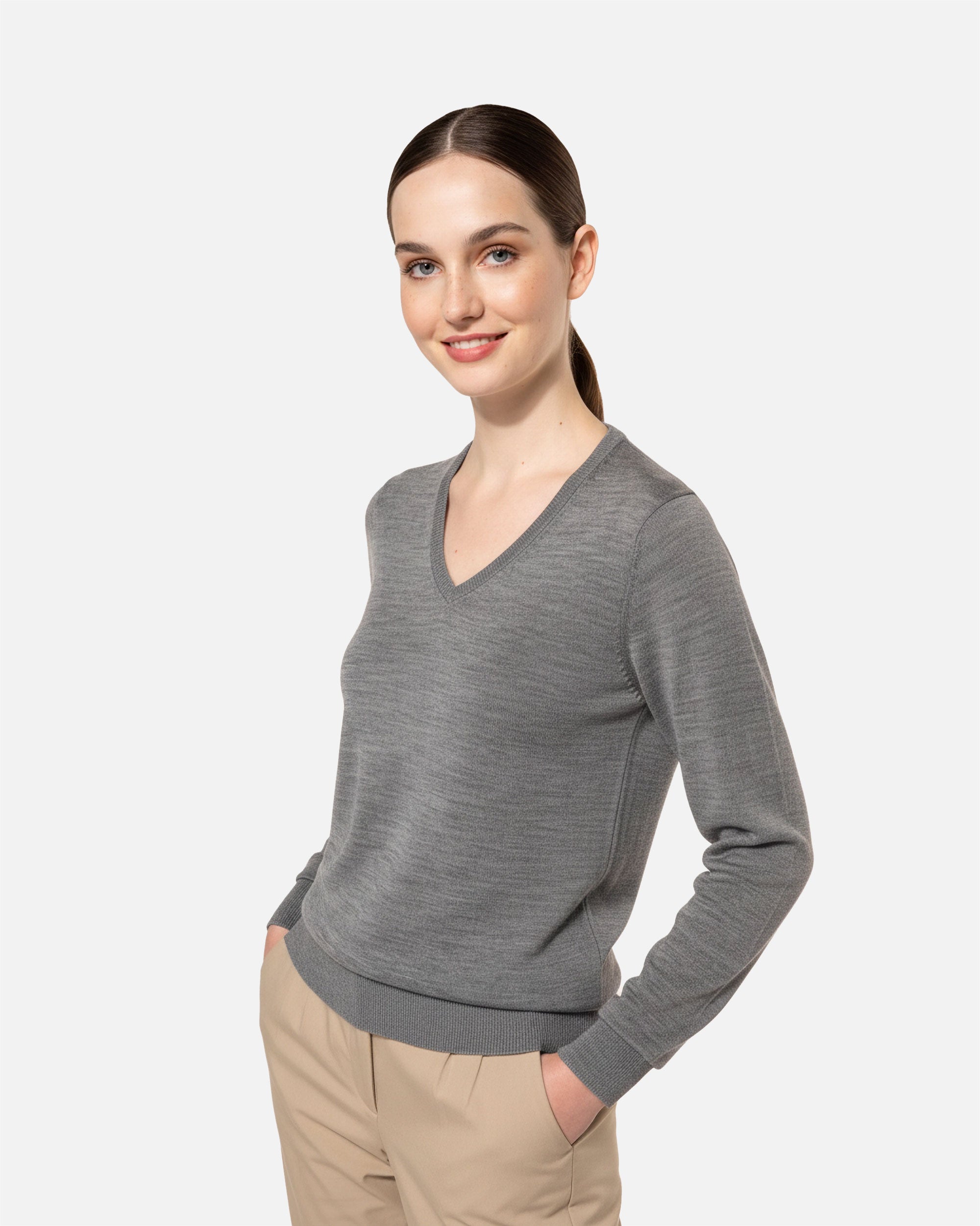 Damen Merino Pullover mit V-Ausschnitt Grey Heather von VIVID