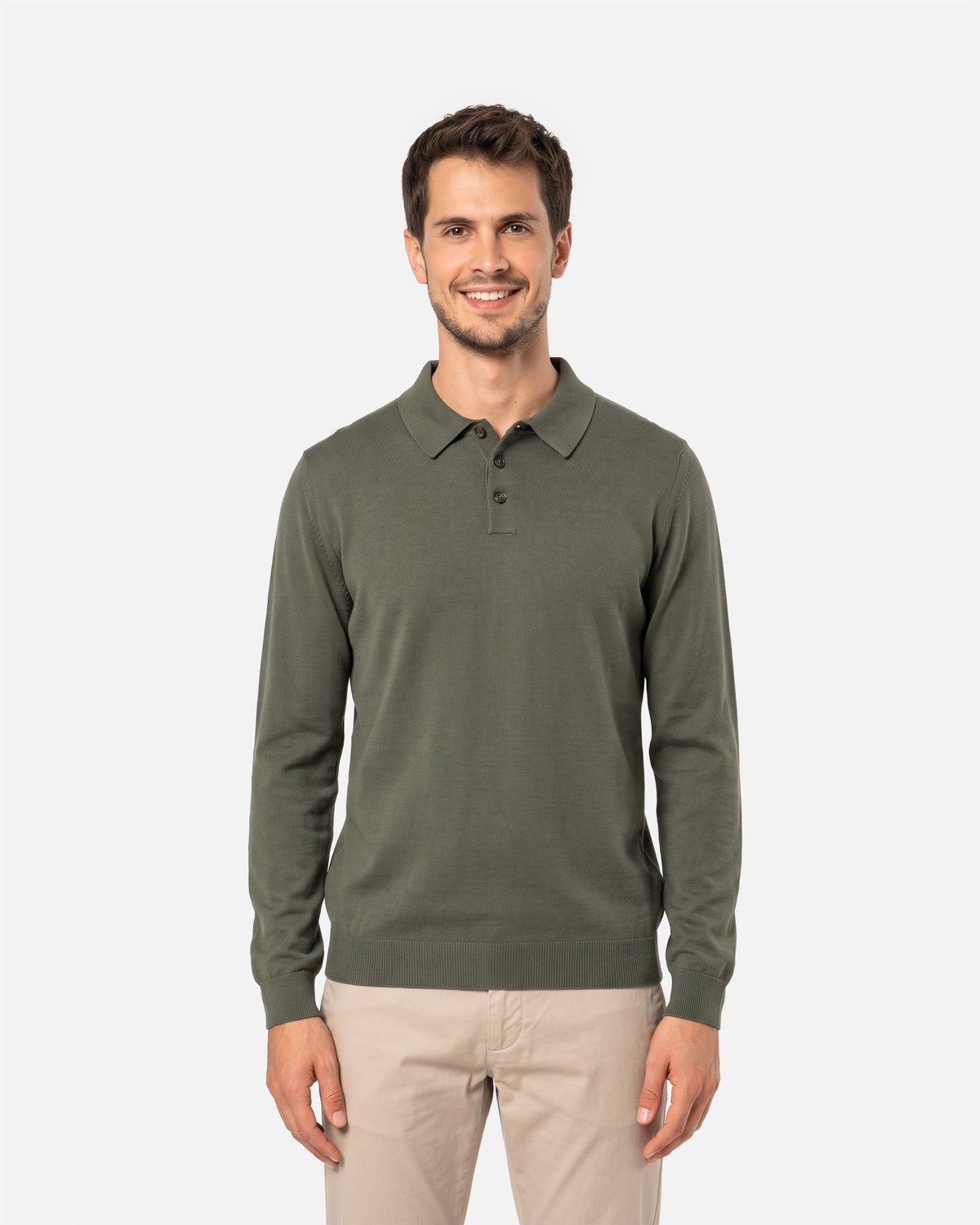 Herren Strick Polo Langarmshirt Khaki von VIVID