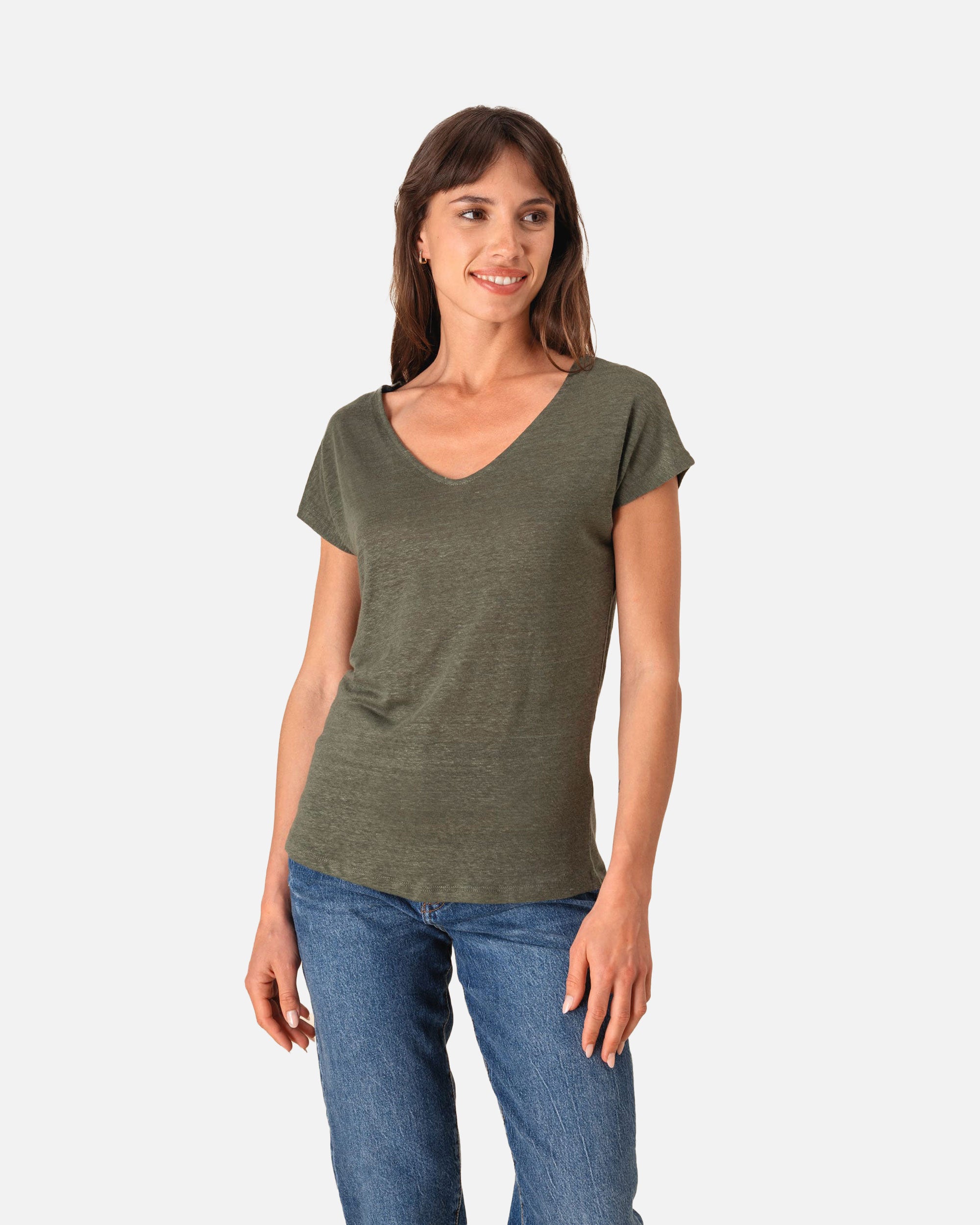 Damen Leinen T-Shirt mit V-Ausschnitt Khaki von VIVID