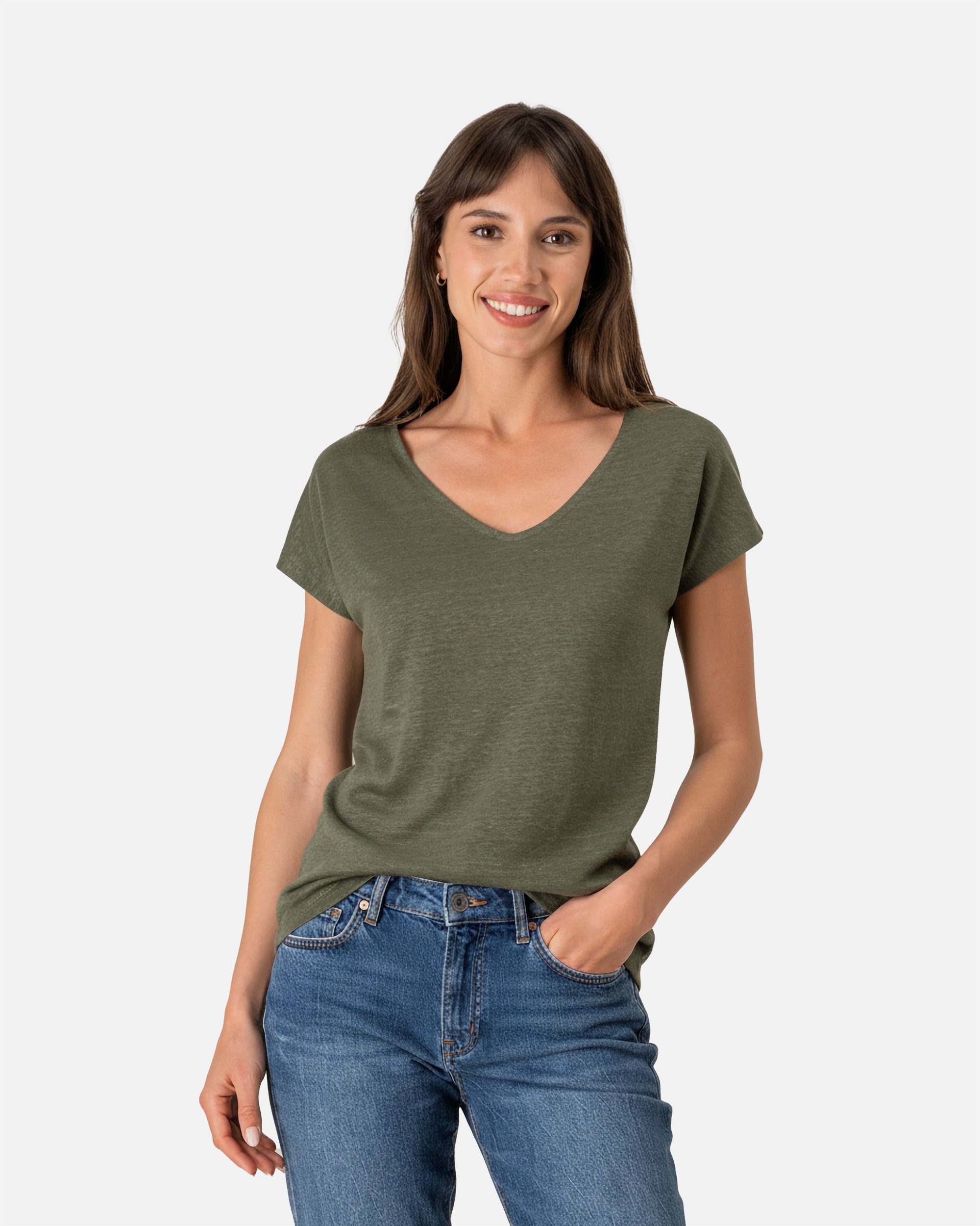 Damen Leinen T-Shirt mit V-Ausschnitt Khaki von VIVID