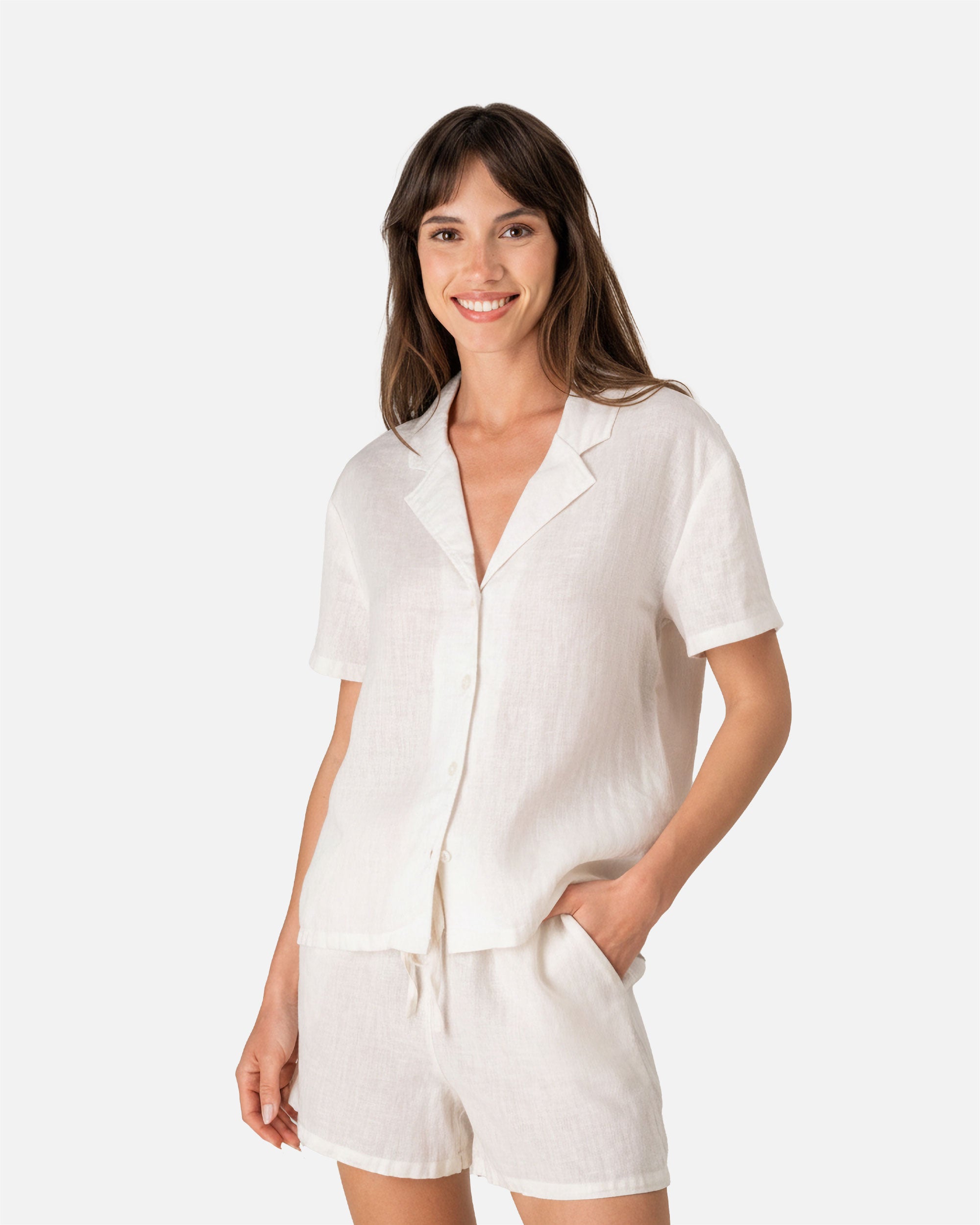 Damen Leinenhemd mit kurzen Ärmeln Ivory von VIVID