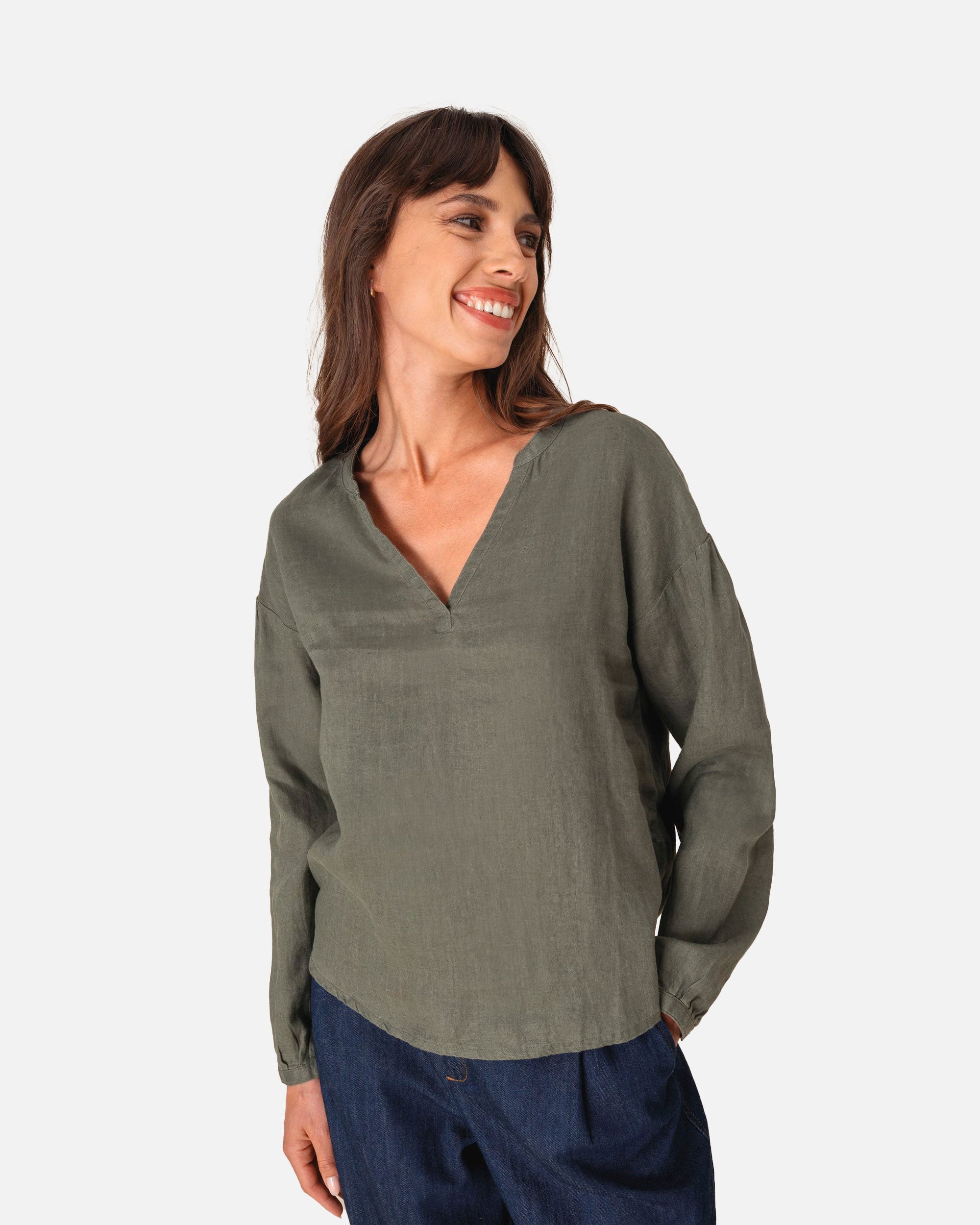 Damen Leinenkittel T-Shirt Khaki von VIVID
