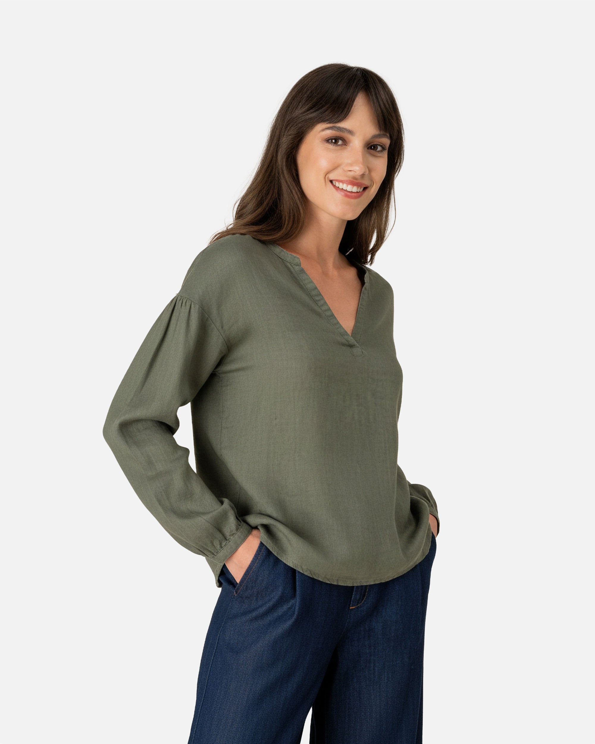 Damen Leinenkittel T-Shirt Khaki von VIVID