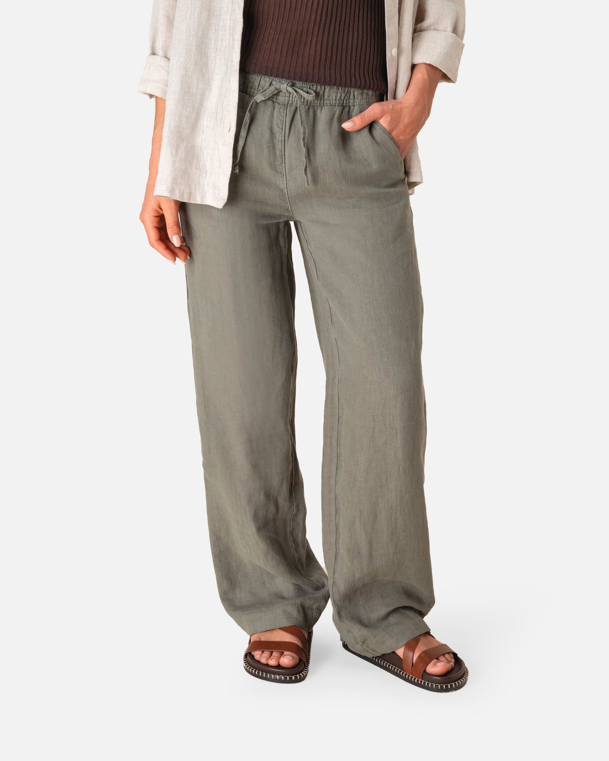 Ausgewaschene Damen Leinenhose Khaki von VIVID