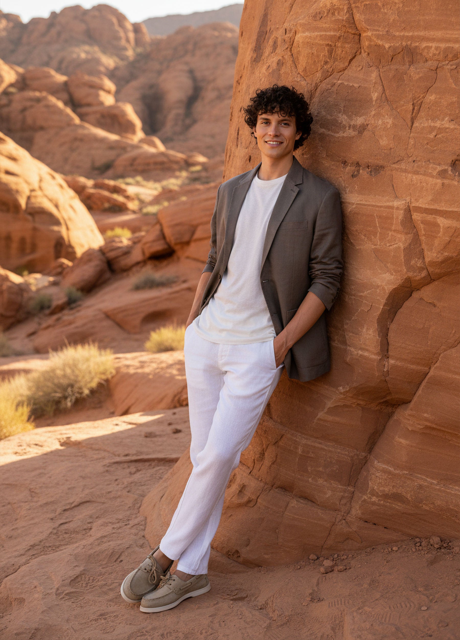 VIVID Mann in taupem Leinenblazer lehnt entspannt an Sandsteinwand im Canyon