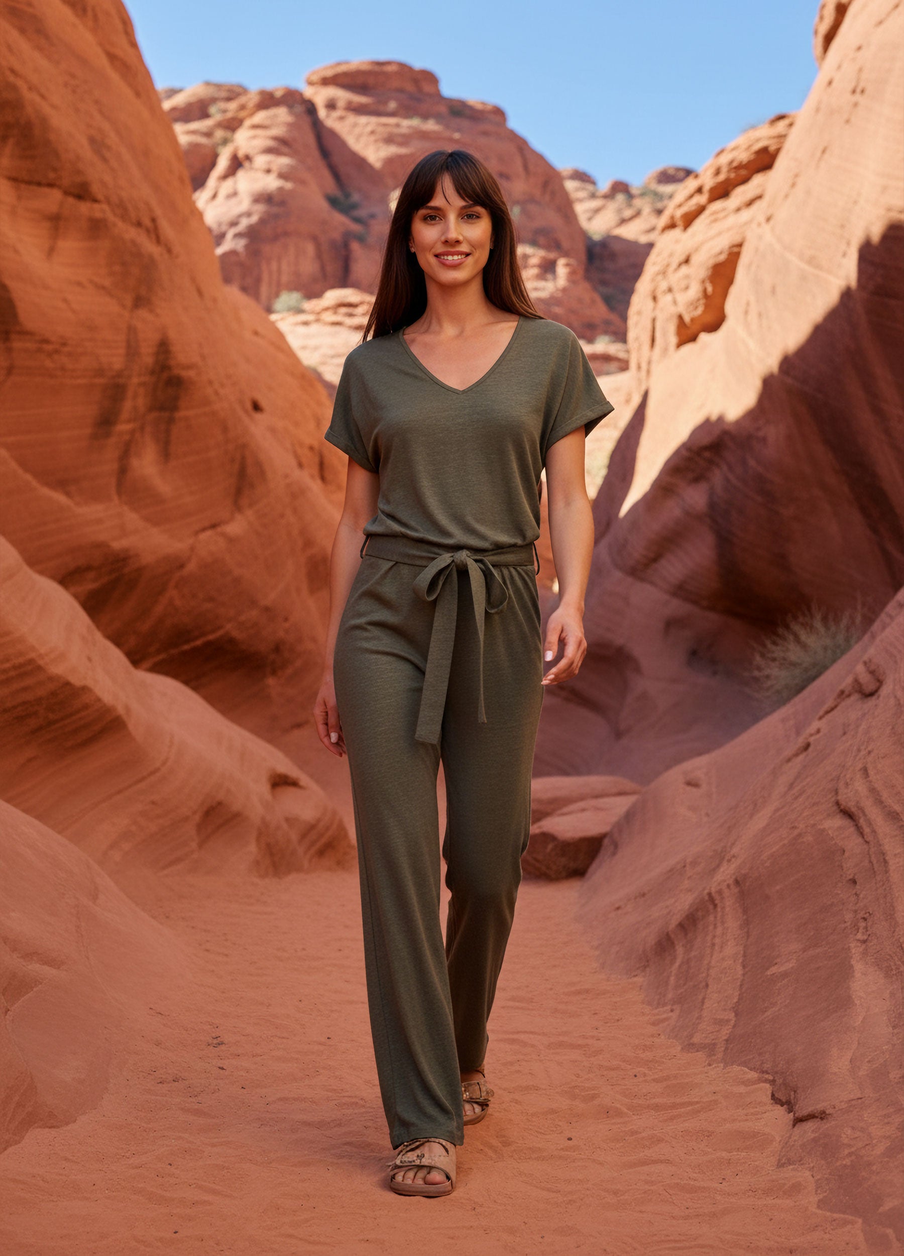VIVID - Dame in Khaki Overall gehend im Canyon