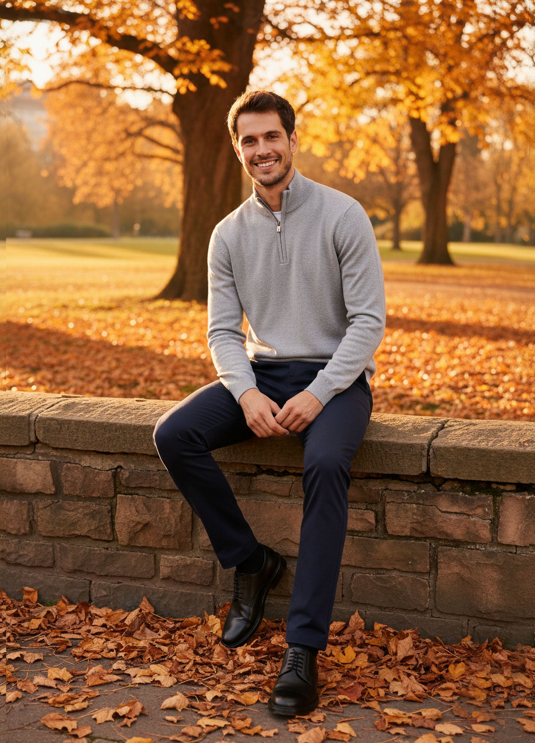 VIVID Half-Zip Sweatshirt Herren grau – Entspanntes Herbst-Outfit mit navy Hose auf Steinmauer im Stadtpark