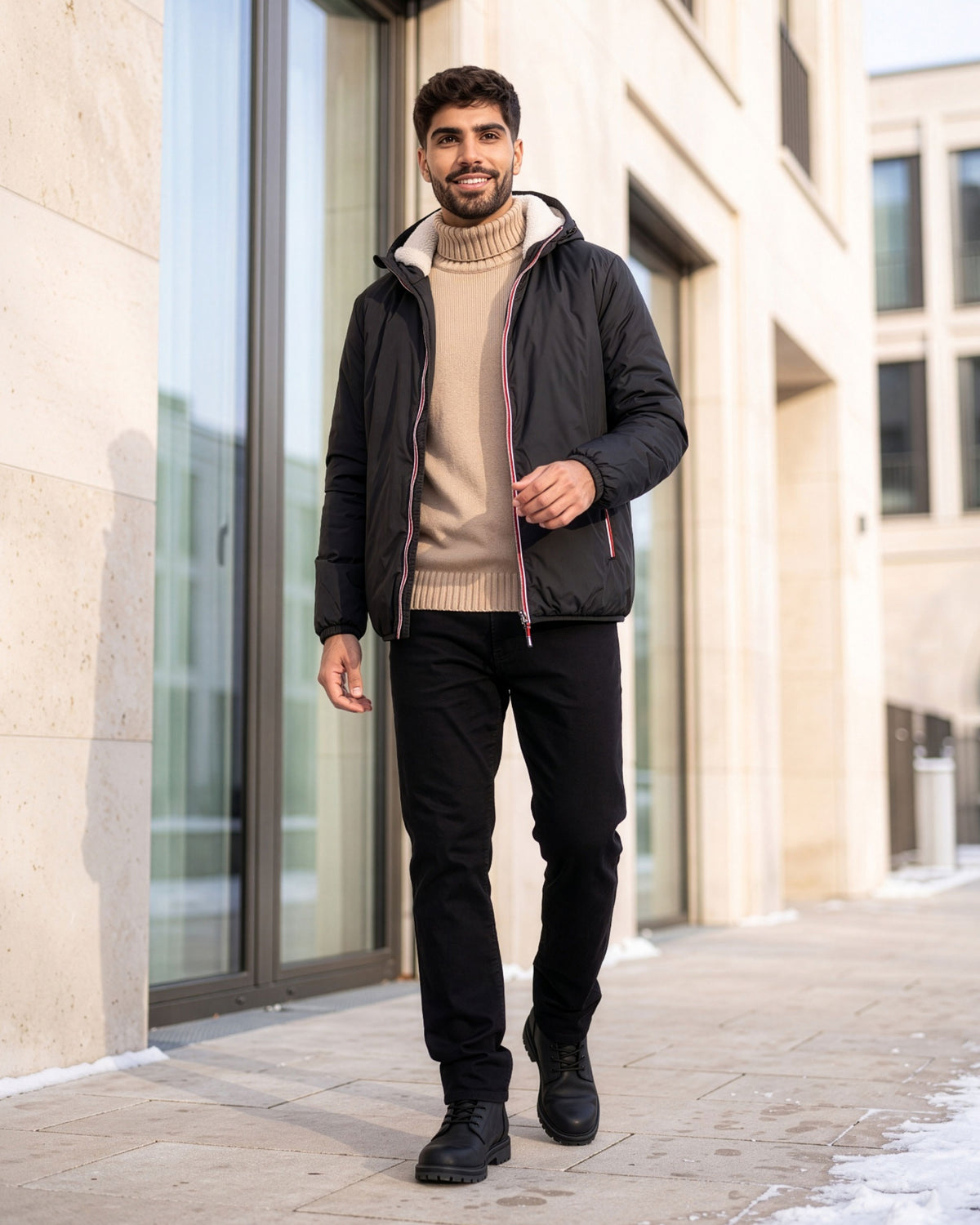 VIVID Winterjacke Herren schwarz mit hell gefütterter Kapuze, beigem Rollkragenpullover, schwarzer Hose und schwarzen Schnürboots – Mann lächelnd an einer hellen Gebäudefassade mit Glasfenstern und Schneeresten entlanggehend