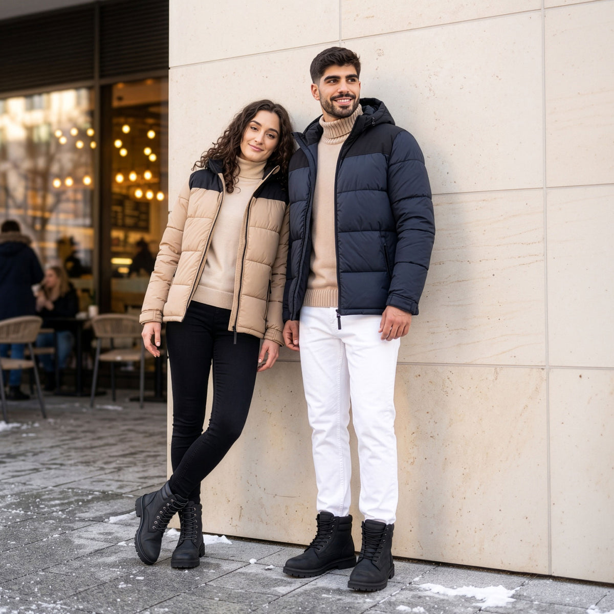VIVID Steppjacken Damen beige-schwarz und Herren dunkelblau mit beigen Pullovern, schwarzer Damenhose, weißer Herrenhose und schwarzen Boots – Paar an einer hellen Steinwand neben einem Café mit Schneeresten lehnend