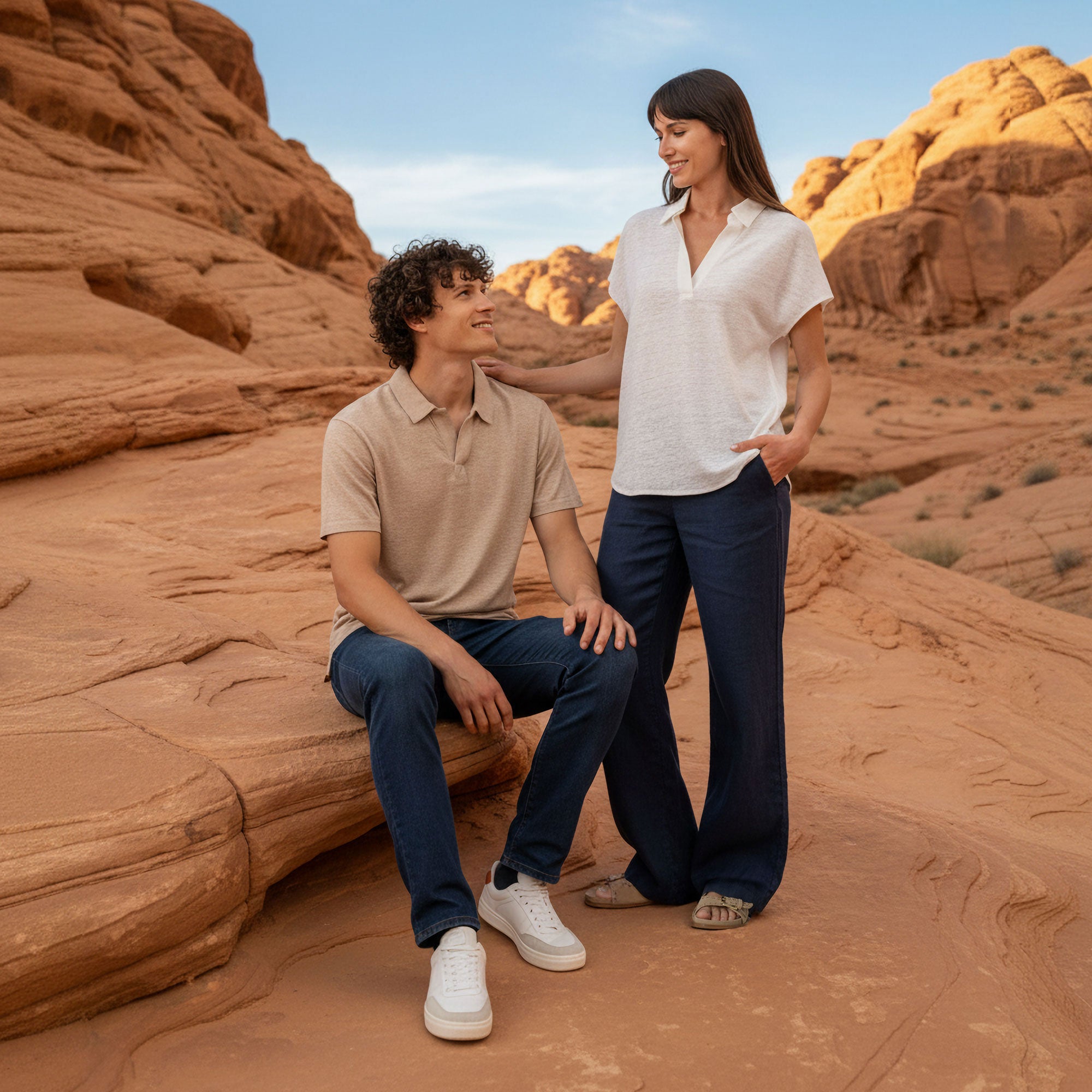 VIVID – Paar in Polo-Shirt und Leinenbluse mit Wide-Leg Jeans auf Sandsteinfelsen im Canyon