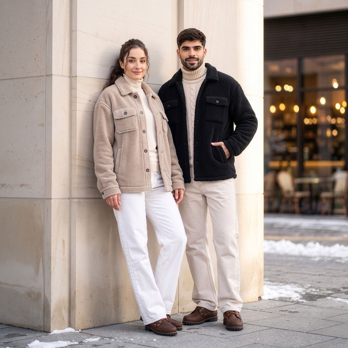 VIVID Sherpa-Jacken Damen beige und Herren schwarz mit cremeweißen Rollkragenpullovern, hellen Hosen und braunen Schuhen – Paar an einer hellen Steinsäule neben einem beleuchteten Café mit Schneeresten stehend
