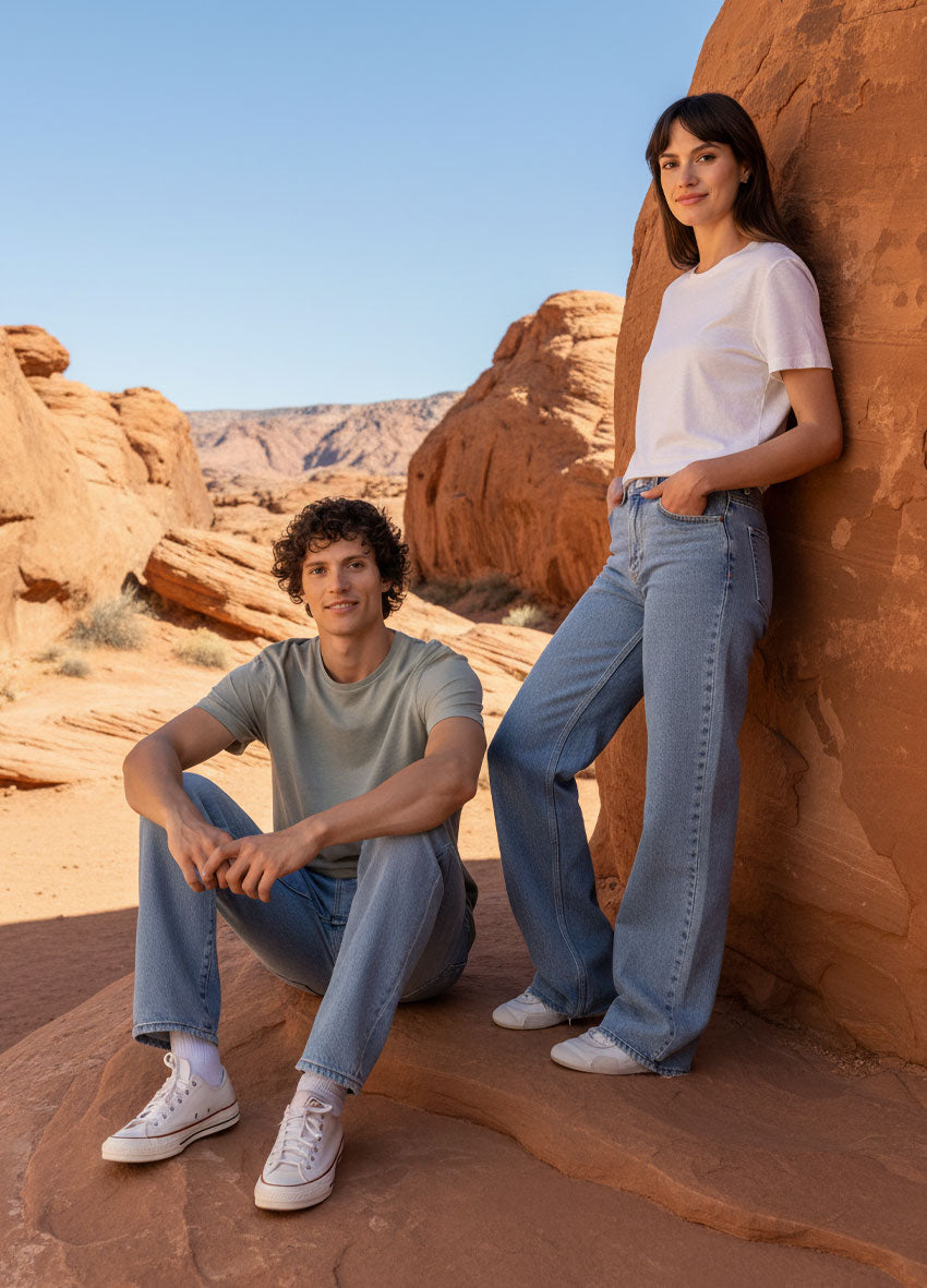 VIVID – Paar in hellblauen Wide-Leg Jeans und T-Shirts im Sandstein-Canyon, Denim Kollektion 2026