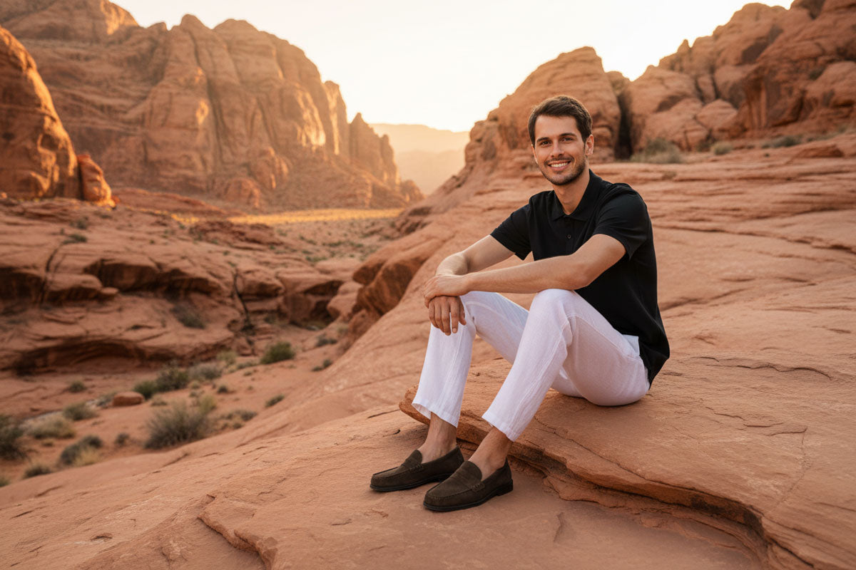 Mann in schwarzem Supima Polo lehnt an Sandsteinwand im Desert Canyon — VIVID Supima