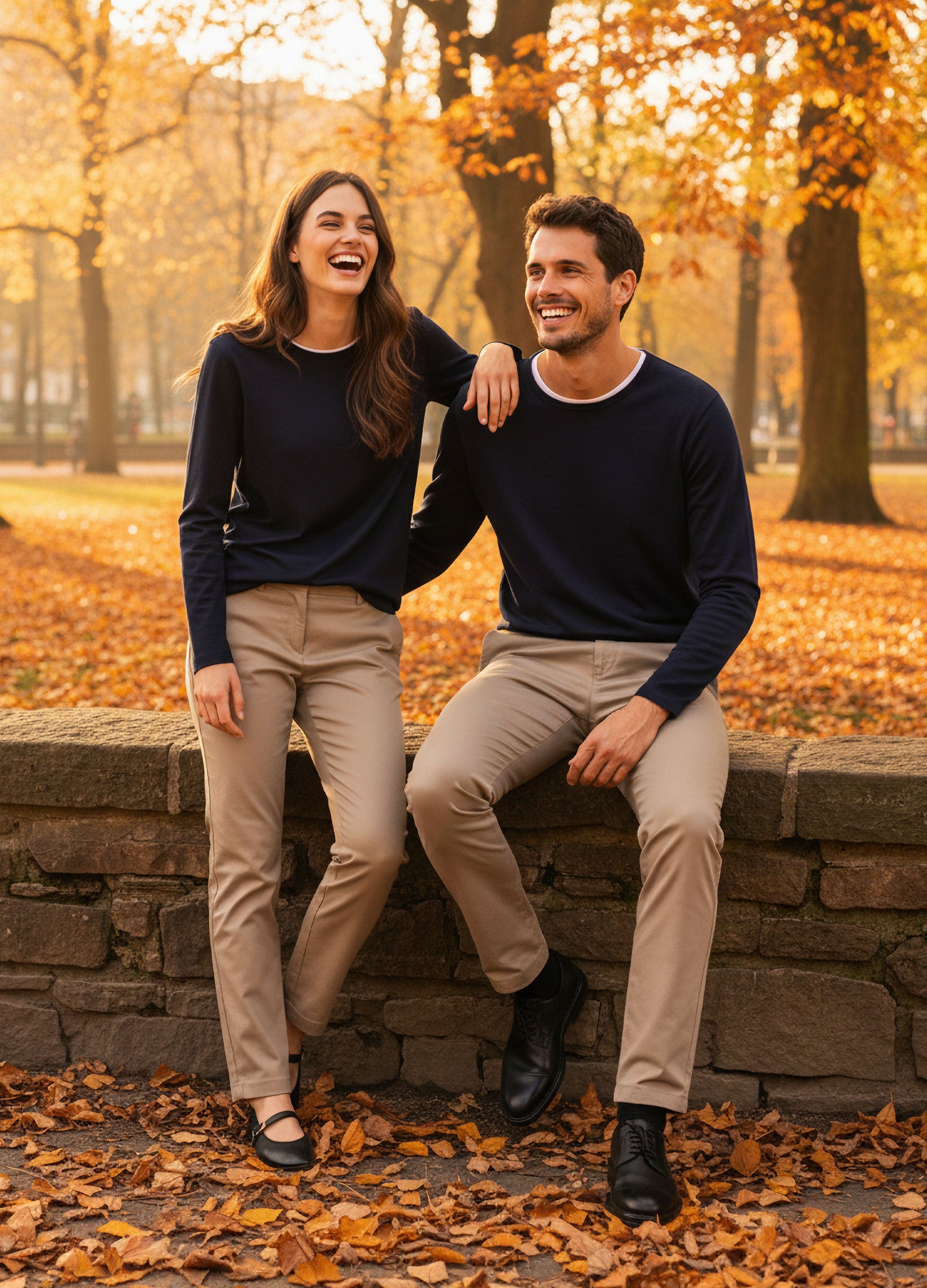 VIVID Rundhals-Pullover Damen und Herren navy – Paar-Outfit mit beiger Chino auf Steinmauer im herbstlichen Stadtpark