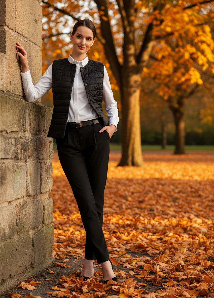 VIVID Steppweste Damen schwarz – Elegantes Herbst-Outfit mit weißem Hemd und schwarzer Hose an Sandsteinmauer im Stadtpark
