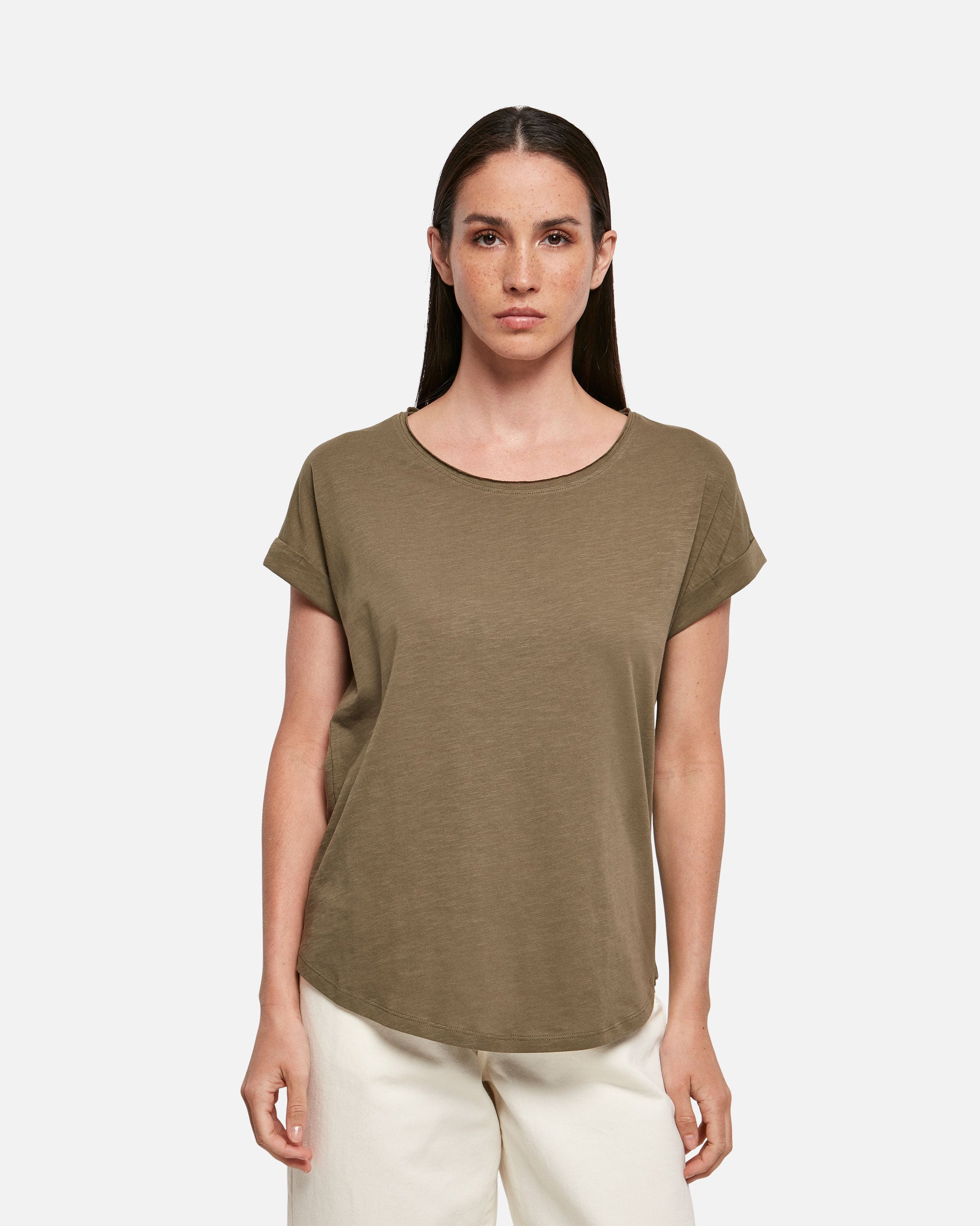Damen T-Shirt mit verlängertem Saum Olive von VIVID