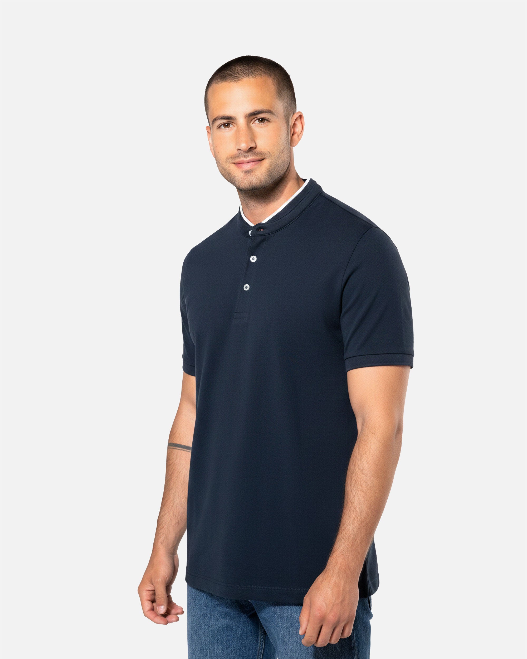 Herren Piqué Polo T-Shirt mit Maokragen Navy Blue-White von VIVID