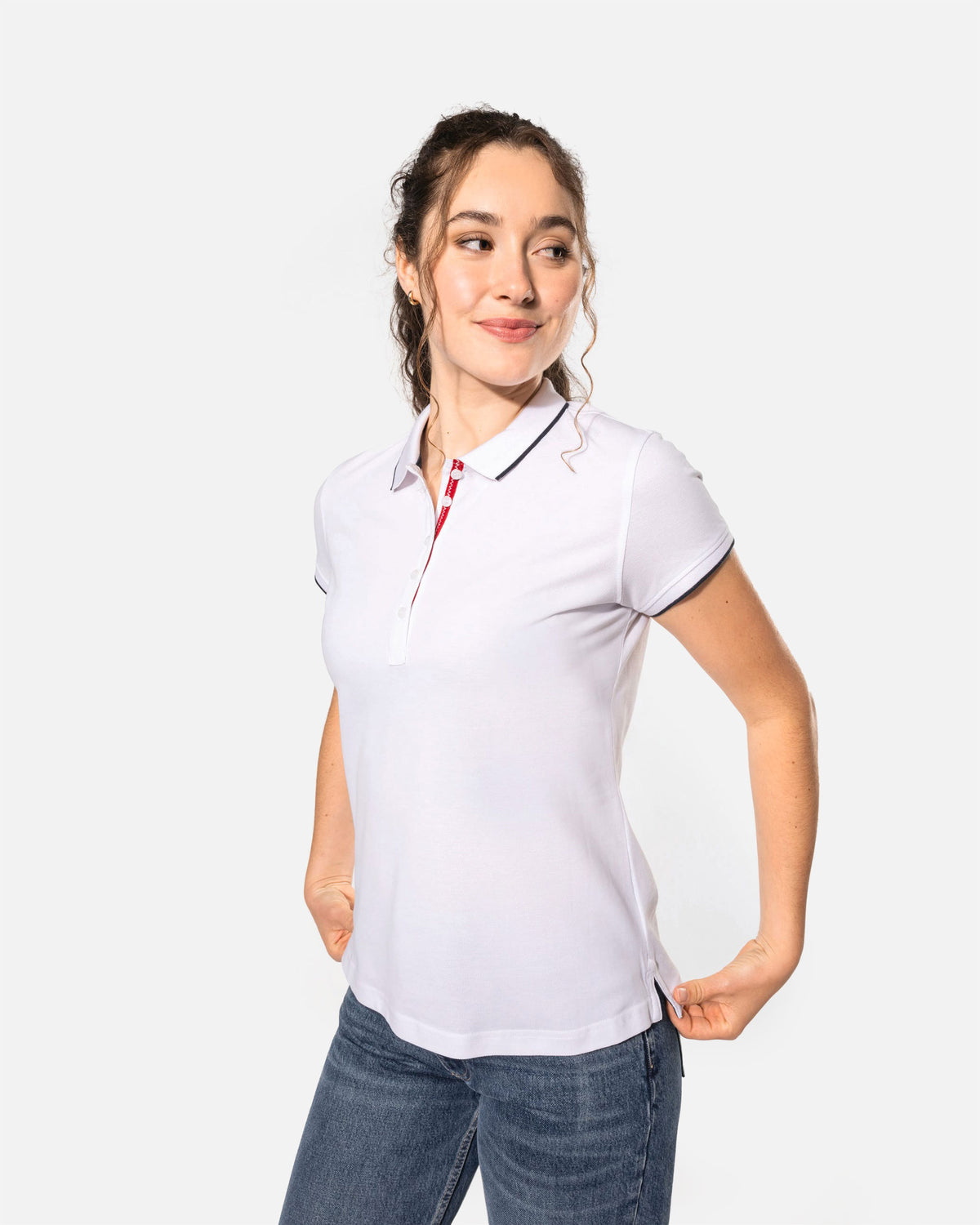 Schweres Damen Piqué Polo T-Shirt mit Kontrastfarben 2.0 White-Navy Blue-White von VIVID